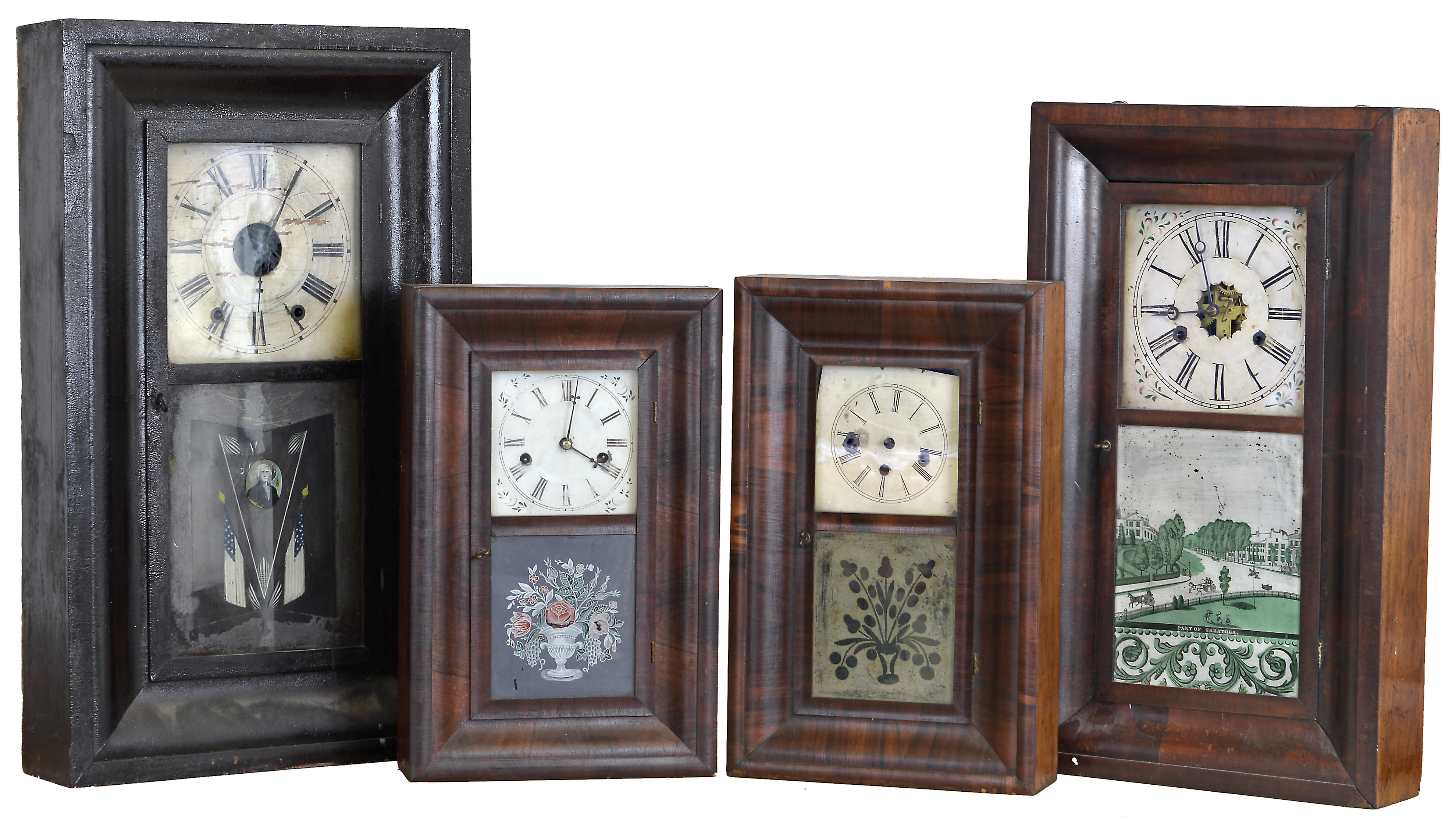 Clocks- 4 (Four): (1) Smith &amp; Goodrich, Bristol, Conn., 30 hour, time and strike weight brass movement OG shelf clock, c1850 (2) E. N. Welch Mfg. Co., Forestville, Conn., 30 hour, time and strike spring brass movement OOG shelf clock, c1870 (3) Ansonia Brass Co., Ansonia, Conn., 30 hour, time and strike spring brass movement OOG shelf clock, c1865 (4) Sperry &amp; Shaw, New York, 8 day, time and strike weight brass movement OG shelf clock, c1850 — Antique Clocks Price Guide