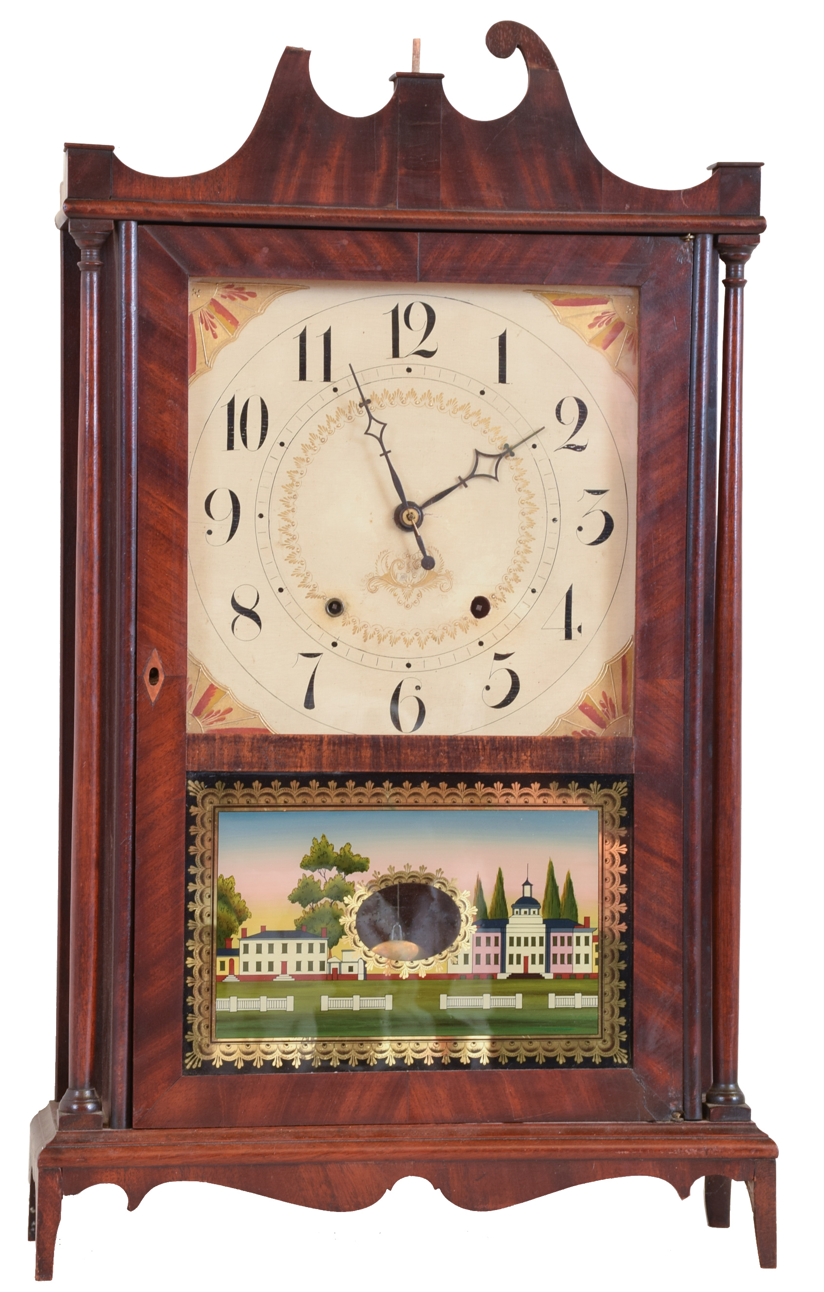 Clocks- 2 (Two): (1) Seth Thomas Clock Co., Plymouth Hollow, Conn., 30 hour, time and strike weight wood movement pillar &amp; scroll shelf clock, c. 1823. (2) Jeromes &amp; Darrow, Bristol, Conn., empty pillar &amp; scroll case, c. 1830. — Antique Clocks Price Guide