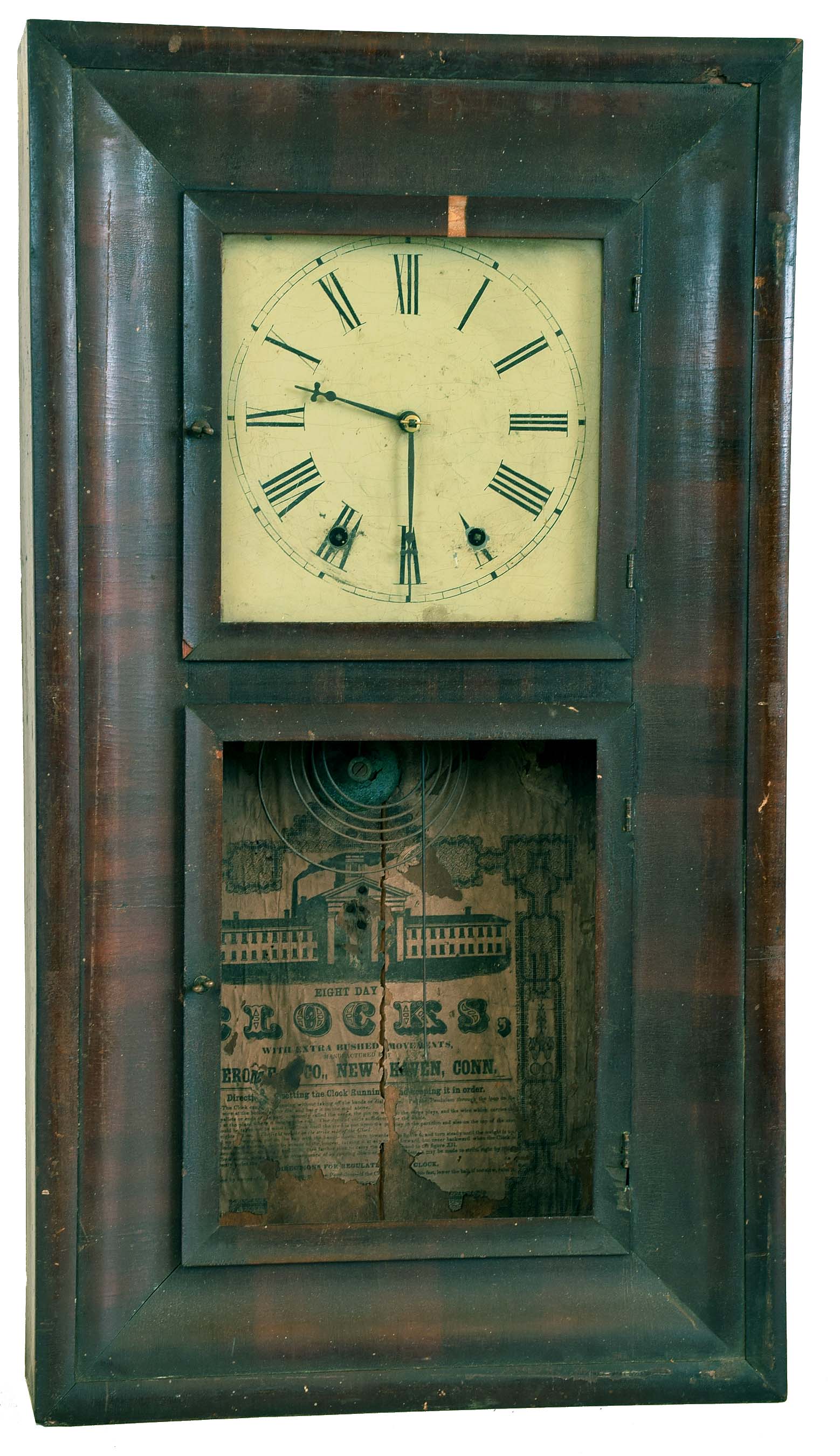 Clocks- 5 (Five): (1) Waterbury Clock Co., Waterbury, Conn., 30 hour, time and strike weight brass movement OG shelf clock, c1870 (2) Chauncey Jerome, Bristol, Conn., 30 hour, time and strike weight brass movement OG shelf clock, c1845 (3) Unsigned 30 hour, time and strike weight brass movement OG shelf clock. (4) Jerome &amp; Co., New Haven, Conn. 8 day, time and strike weight brass movement OOG shelf clock, c1860 (5) Henry C. Smith, Plymouth, Conn., 30 hour, time and strike weight wood movement beveled case shelf clock, c1840 — Antique Clocks Price Guide