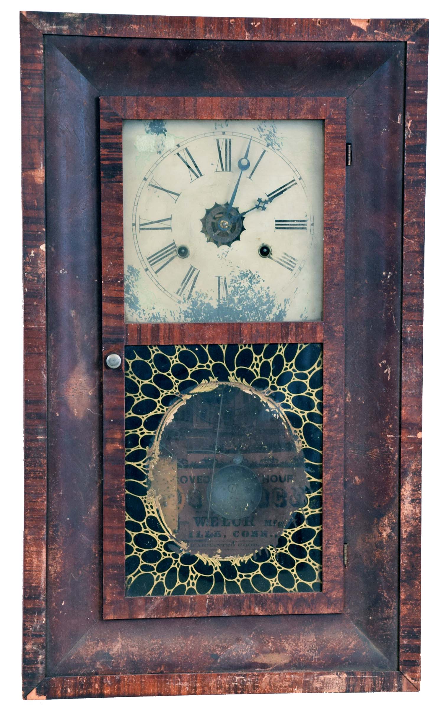 Clocks- 6 (Six): (1) William S. Sperry, New York, 8 day, time, strike and alarm weight brass movement OG shelf clock, c1845 (2) Union Manufacturing Co., Bristol, Conn., 30 hour, time and strike weight brass movement OG shelf clock, c1845 (3) Ansonia Brass &amp; Copper Co., Ansonia, Conn., 30 hour, time and strike weight brass movement OG shelf clock, c1870. (4) New Haven Clock Co., New Haven, Conn., 30 hour, time and strike weight brass movement OG shelf clock, c1860 (5) Forestville Manufacturing Co., Bristol, Conn., 8 day, time and strike weight brass movement OOG shelf clock, c1850 (6) E. N. Welch Mfg Co., Forestville, Conn., 30 hour, time, strike and alarm weight brass movement OG shelf clock, c1870. — Antique Clocks Price Guide