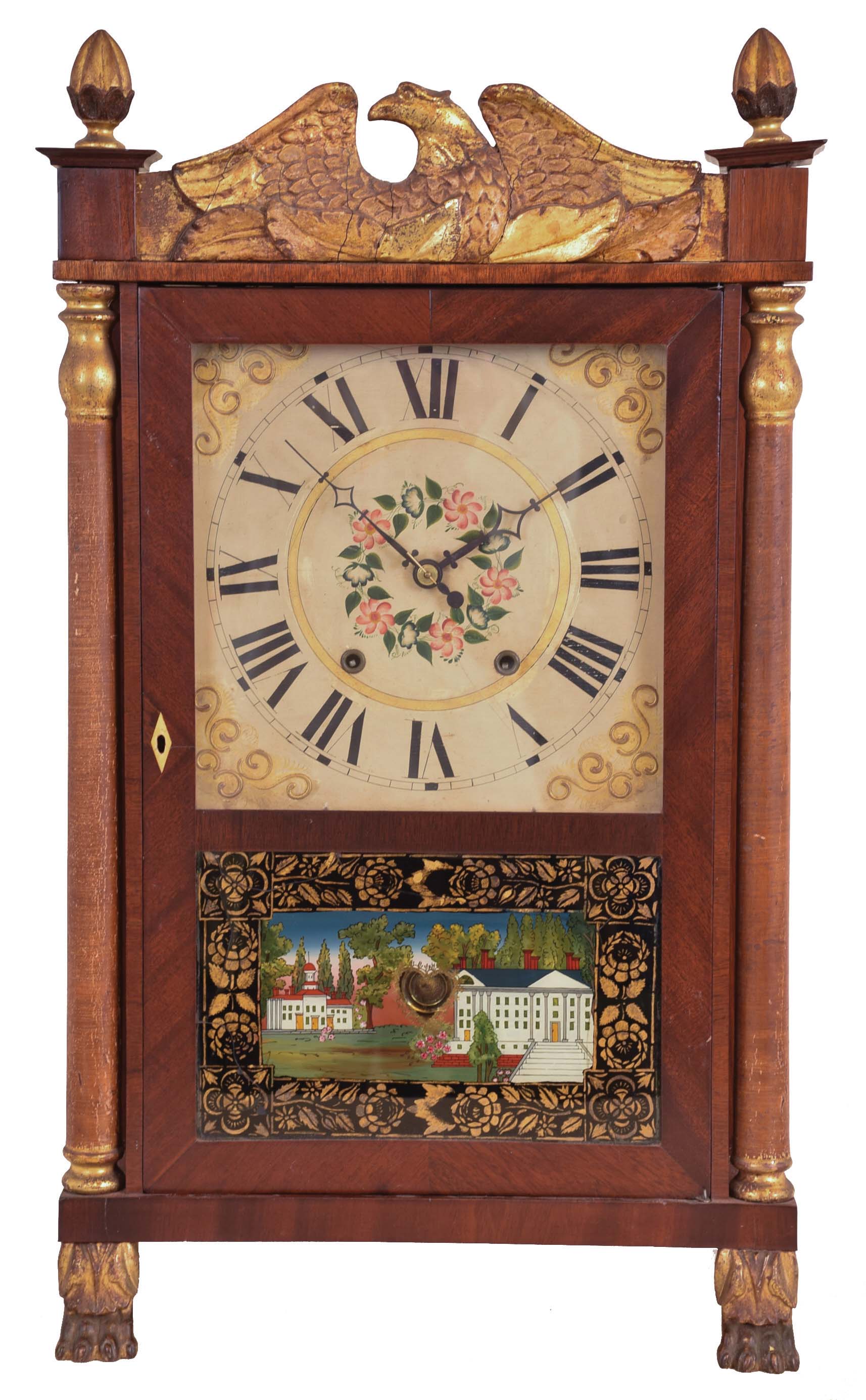Atkins &amp; Downs for George Mitchell, Bristol, Conn., 30 hour, time and strike weight wood movement full gilt top columns &amp; gilt eagle splat shelf clock. — Antique Clocks Price Guide