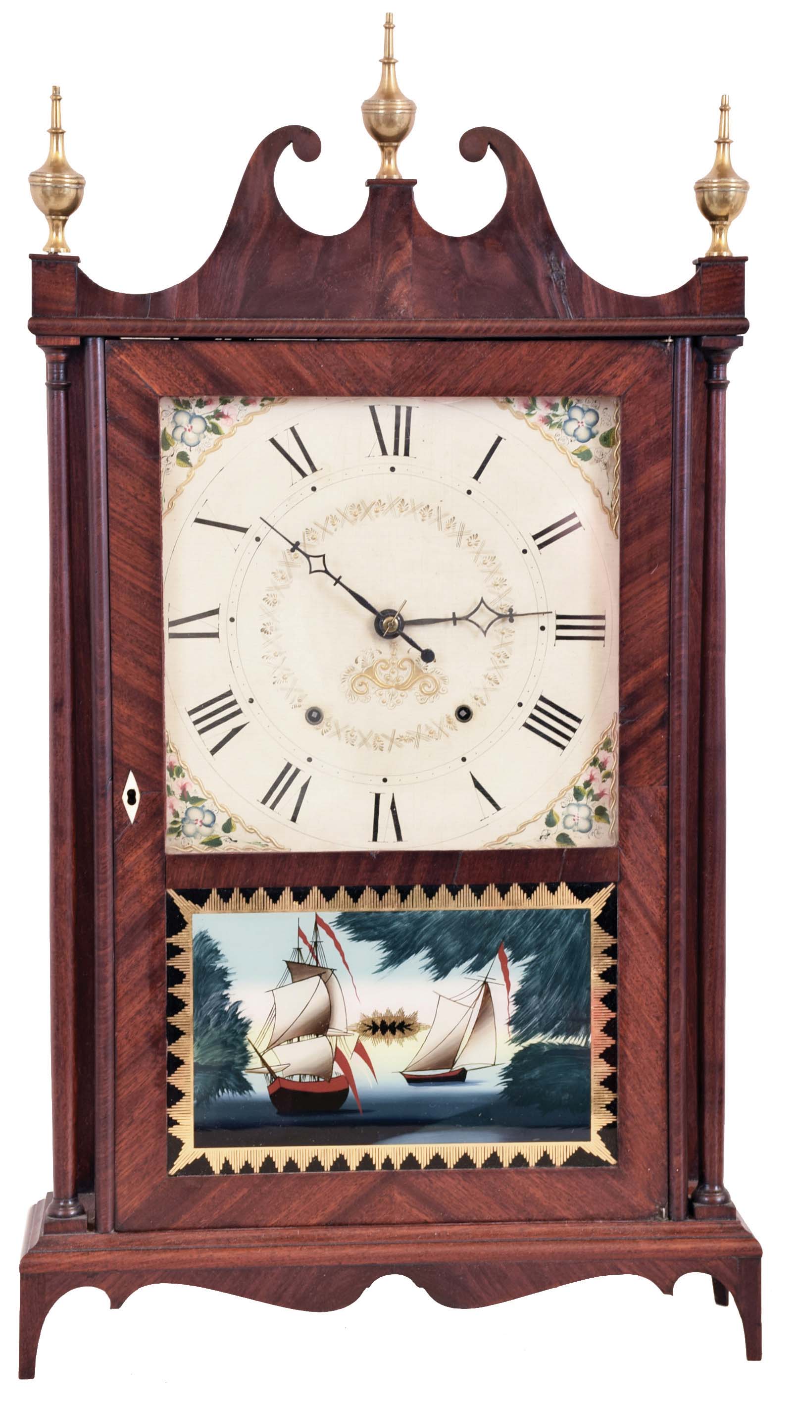 Seth Thomas Clock Co., Plymouth Hollow, Conn., 30 hour, time and strike weight wood movement pillar &amp; scroll shelf clock. — Antique Clocks Price Guide