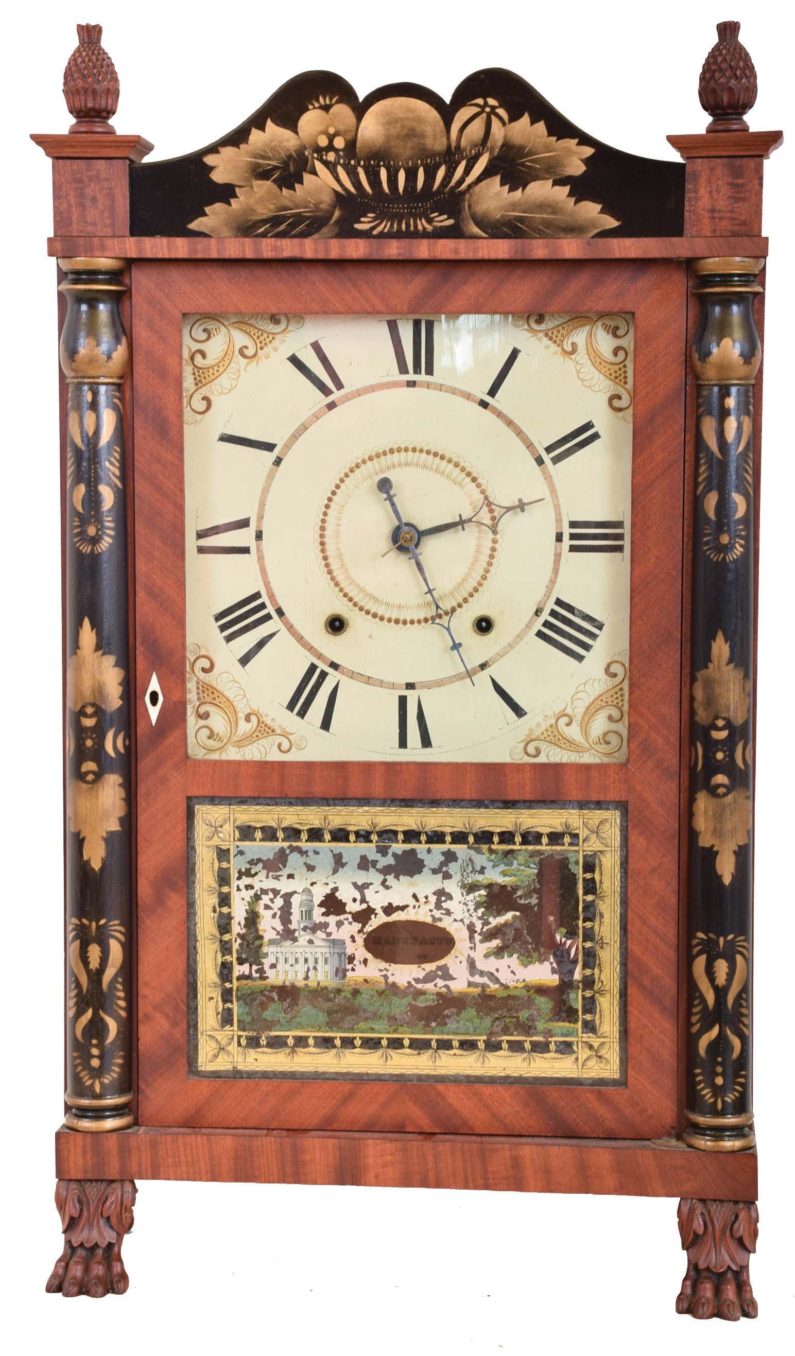 Charles Kirk for George Mitchell, Bristol, Conn., 30 hour, time and strike weight wood movement half column &amp; splat shelf clock with carved paw feet and pineapple finials. — Antique Clocks Price Guide