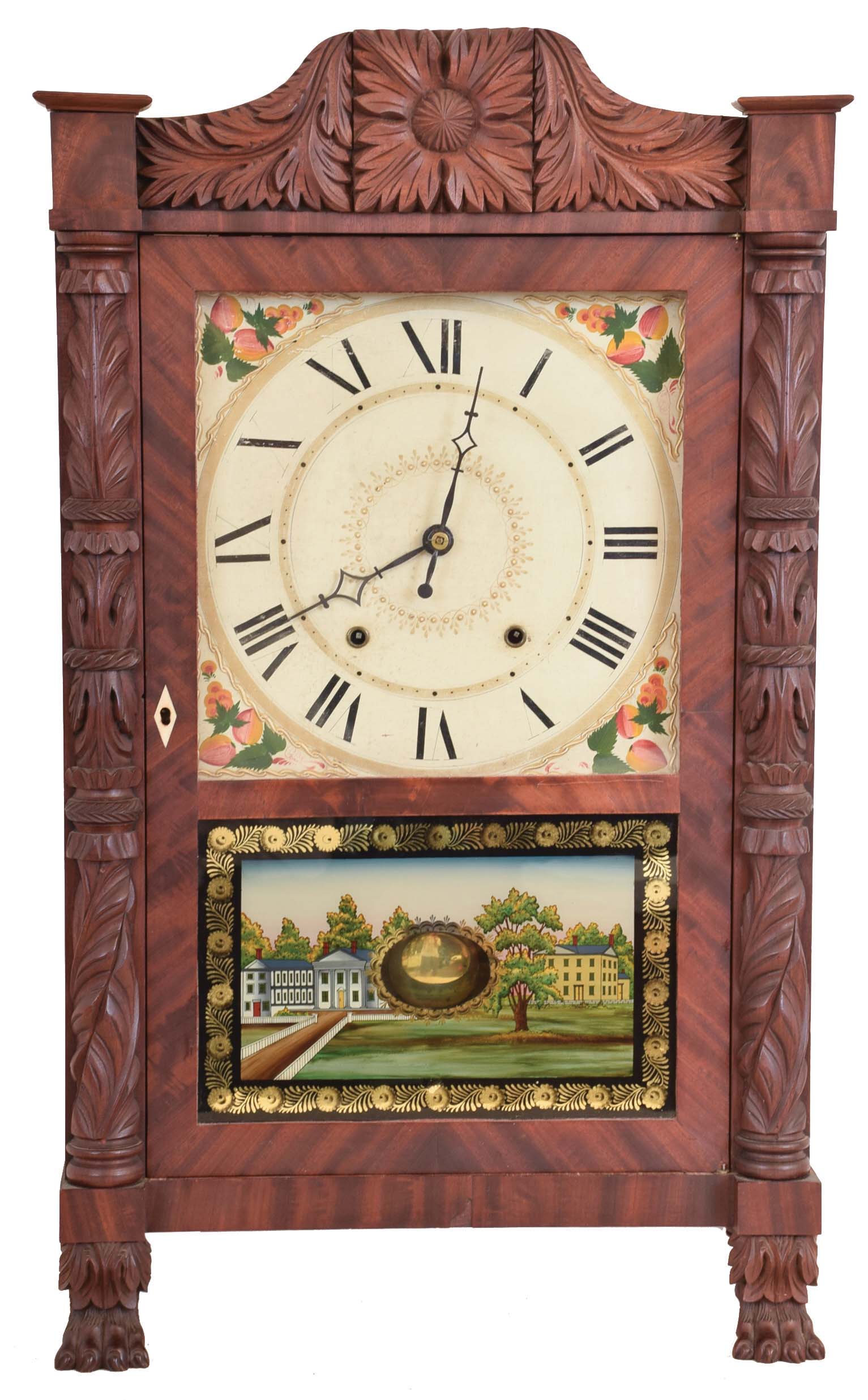 Seth Thomas Clock Co., Plymouth Hollow, Conn., Carved Column &amp; Splat shelf clock with a weight driven 30 hour time and strike wooden works movement in a mahogany case. — Antique Clocks Price Guide