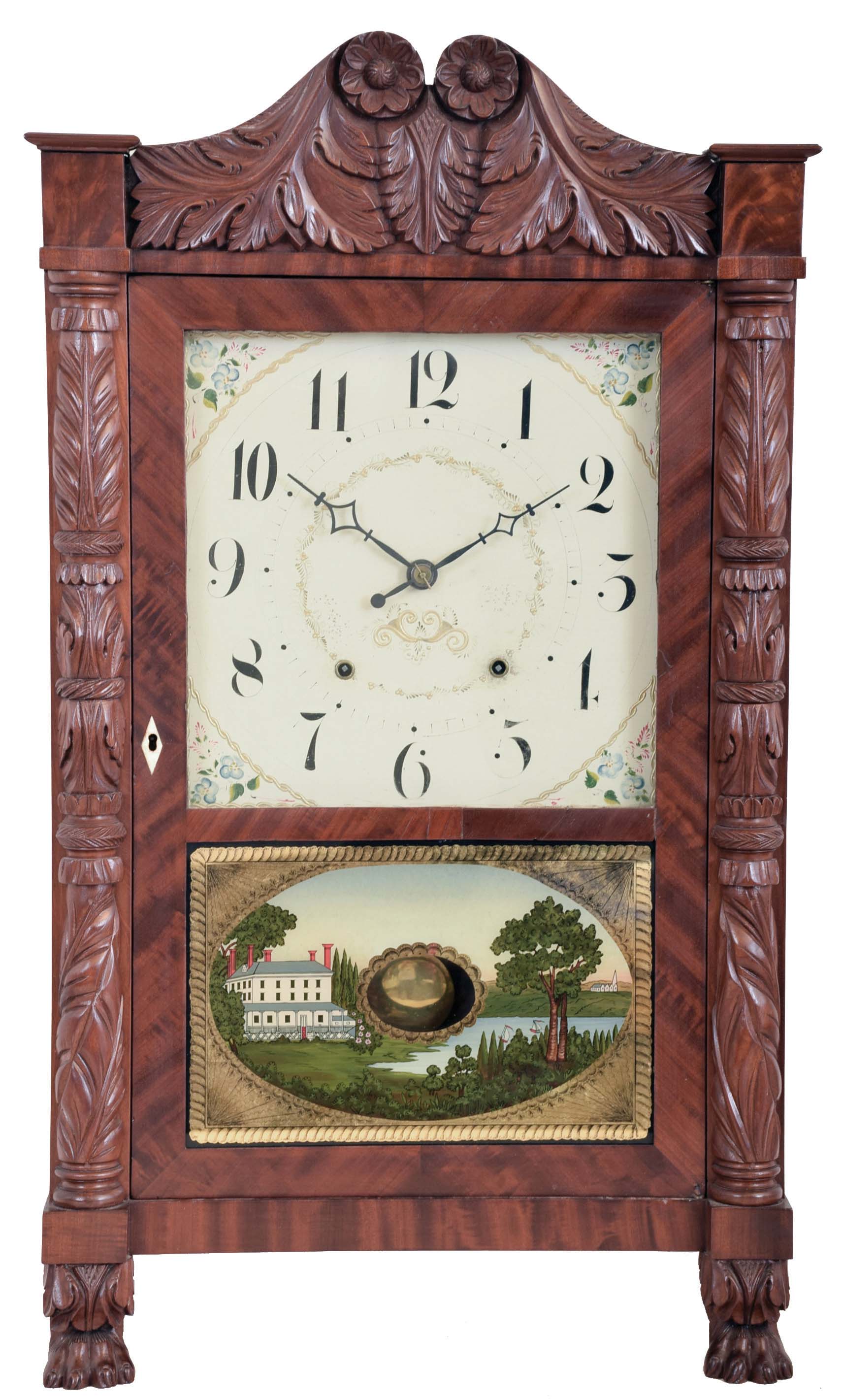 Seth Thomas Clock Co., Plymouth Hollow, Conn., Carved Column &amp; Splat shelf clock with a weight driven 30 hour time and strike wooden works movement in a mahogany case. — Antique Clocks Price Guide