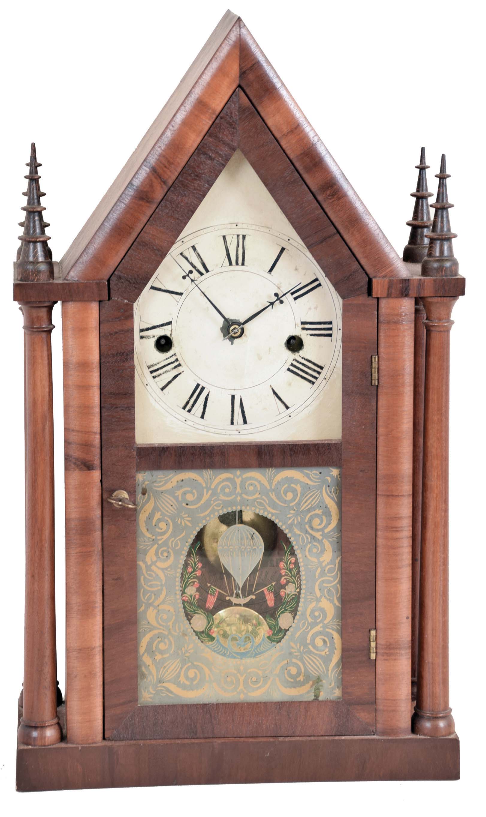 Terry &amp; Andrews, Bristol. Conn "4 Column Steeple" shelf clock with a 30 hour time and strike brass movement in a mahogany case. — Antique Clocks Price Guide