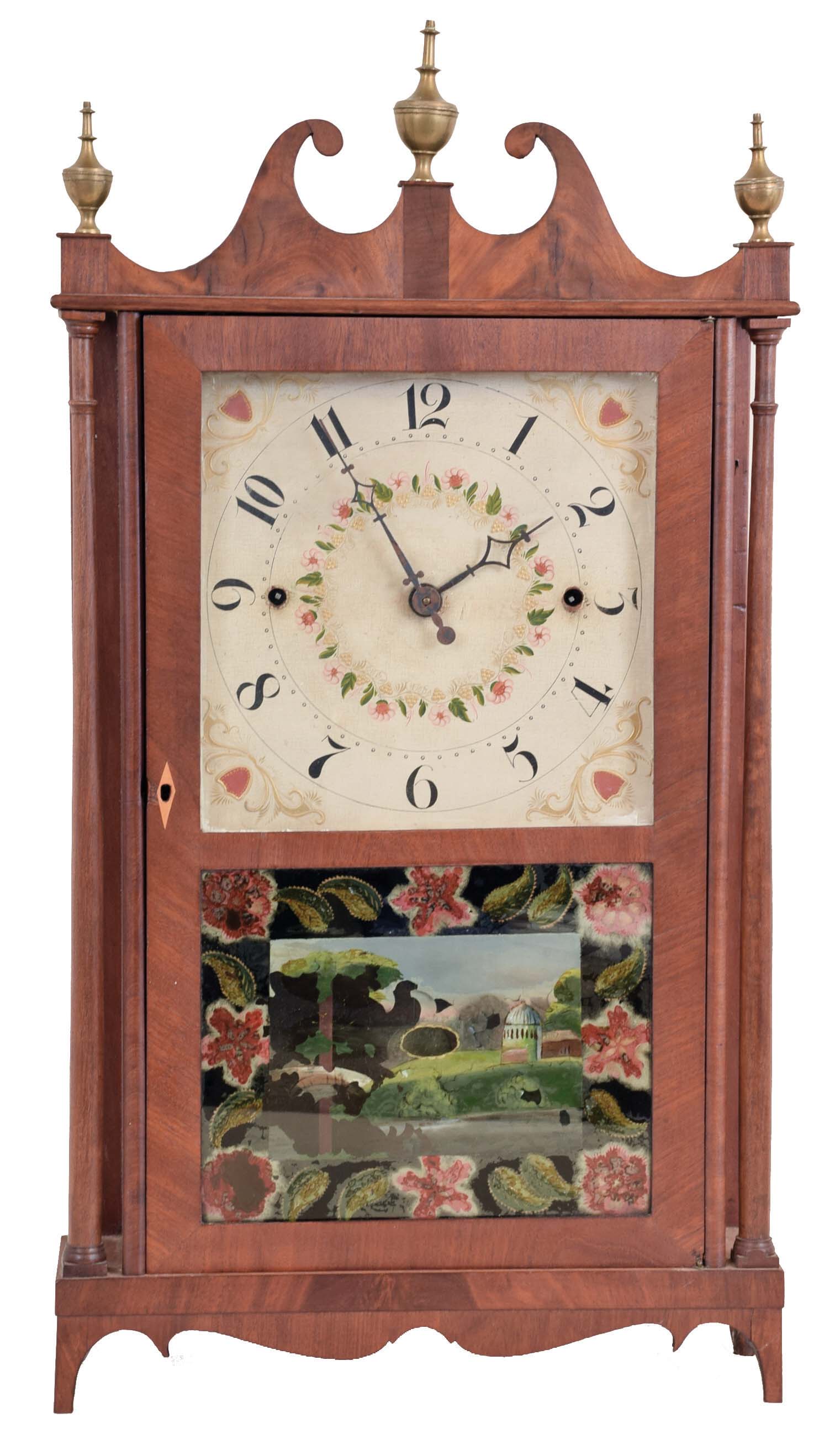 Norris North, Torrington, Conn., 30 hour, time and strike weight wood "Torrington" movement pillar &amp; scroll shelf clock. — Antique Clocks Price Guide