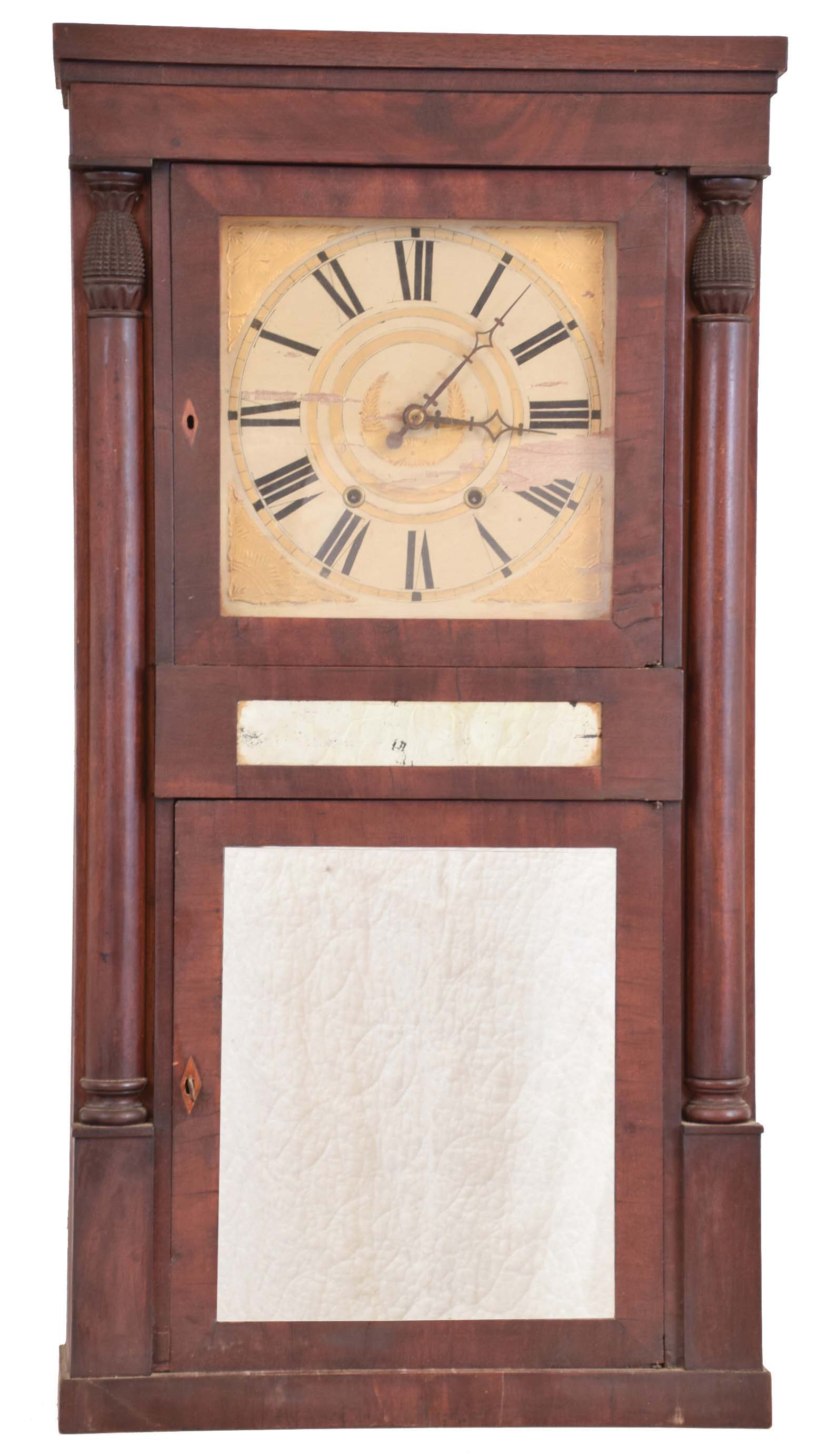 Jeromes &amp; Darrow, Bristol, Conn., 8 day, time and strike weight wood movement half column shelf clock. — Antique Clocks Price Guide
