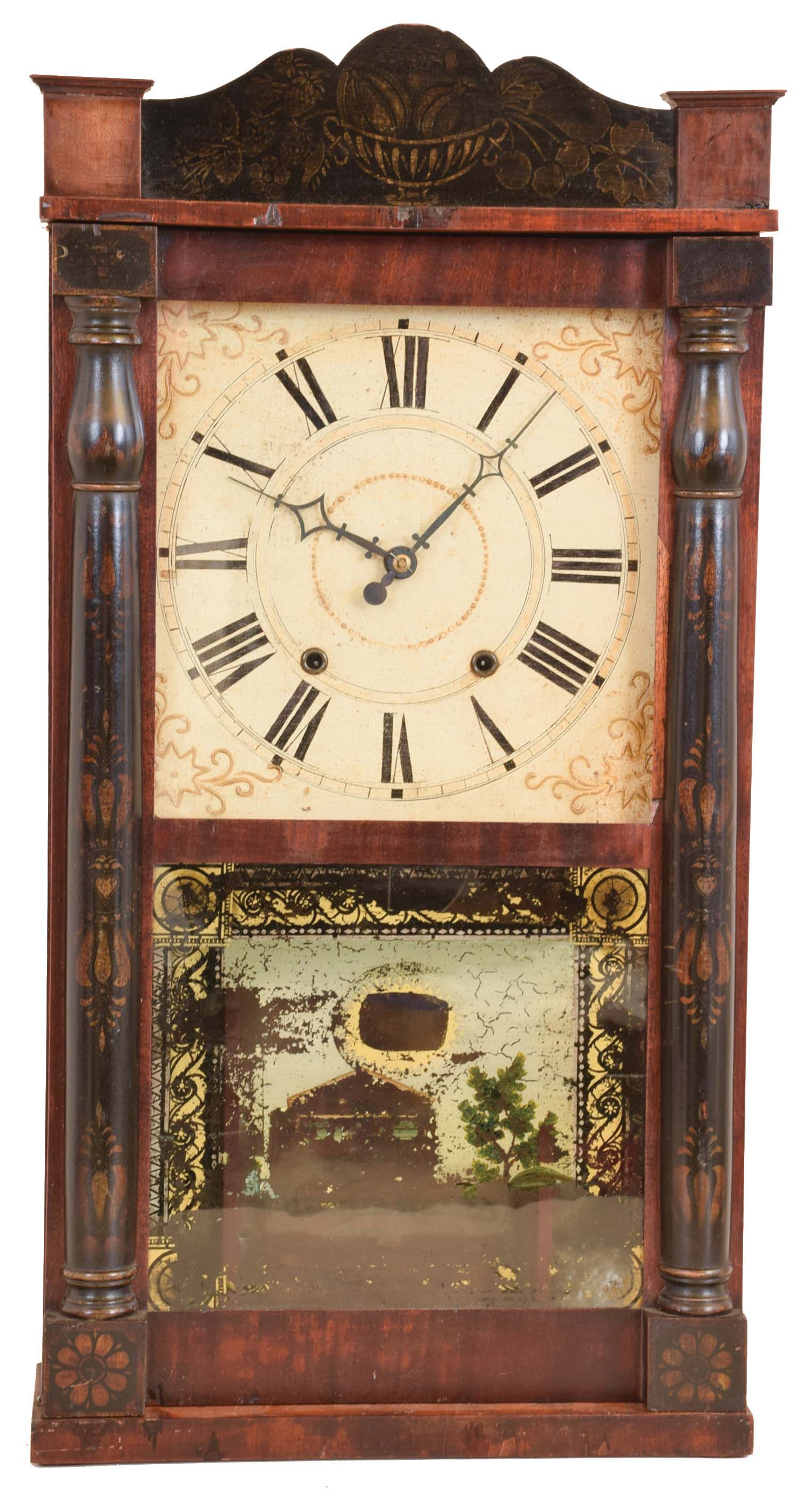 Putnam Bailey, Goshen, Conn. Stenciled Column and Splat" 3/4 size shelf clock with a weight driven 30 hour time &amp; strike wooden works movement in a mahogany case. — Antique Clocks Price Guide