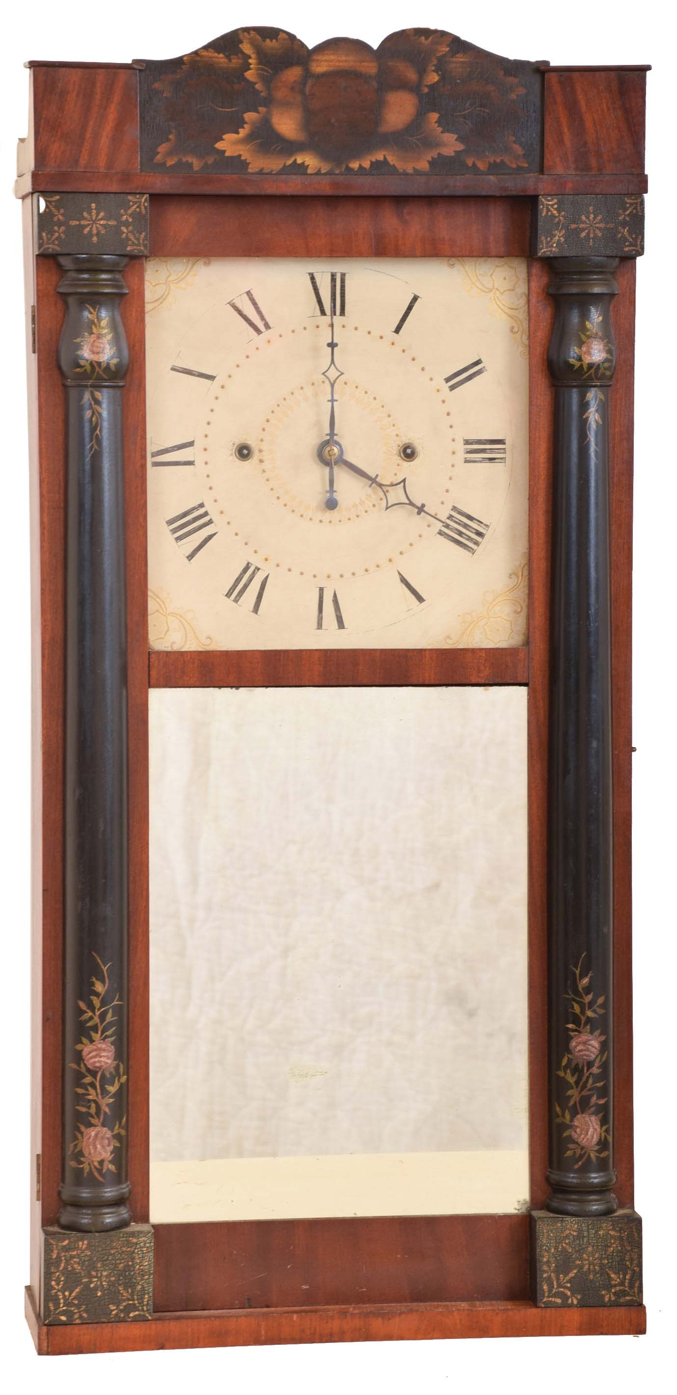 George Mitchell, Bristol, Conn., 30 hour, time and strike weight wood movement half column &amp; splat shelf clock. — Antique Clocks Price Guide
