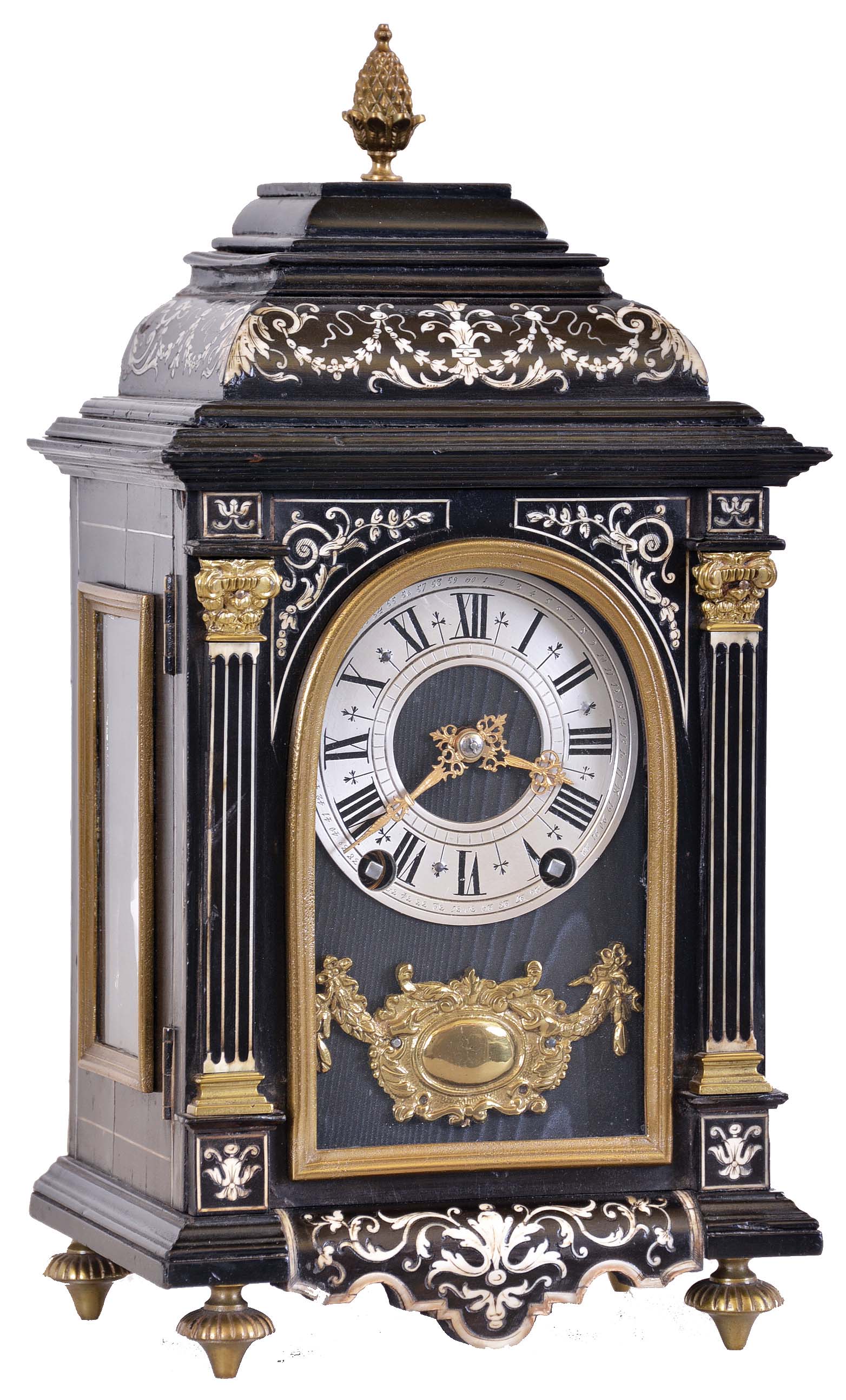 France, for W. Johnson &amp; Son, London, miniature bracket clock, ebonized case with contrasting leaf, vine, and bellflower inlay, front with inlaid pilasters flanking the arched glass, Roman numeral silvered dial with fancy gilt hands, above a gilt ornament with central cartouche, all on a black moire ground, 8 day time and strike movement with square plates — Antique Clocks Price Guide