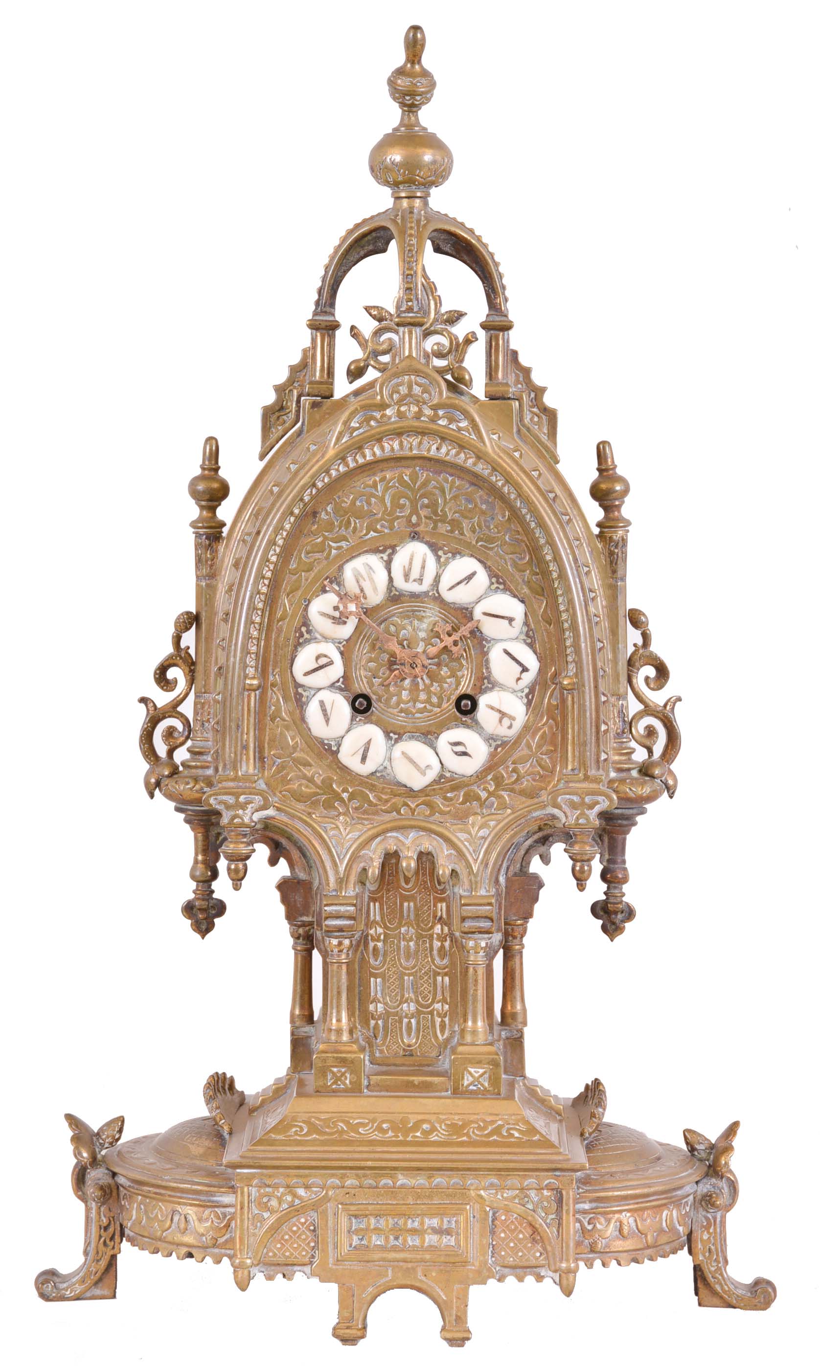 France, mantel clock for the eastern market, brass case with Moorish ornament, cast brass dial with Eastern Arabic numeral cartouches, 8 day time and strike pendule de Paris movement, marked "Maple &amp; Co. Paris" — Antique Clocks Price Guide