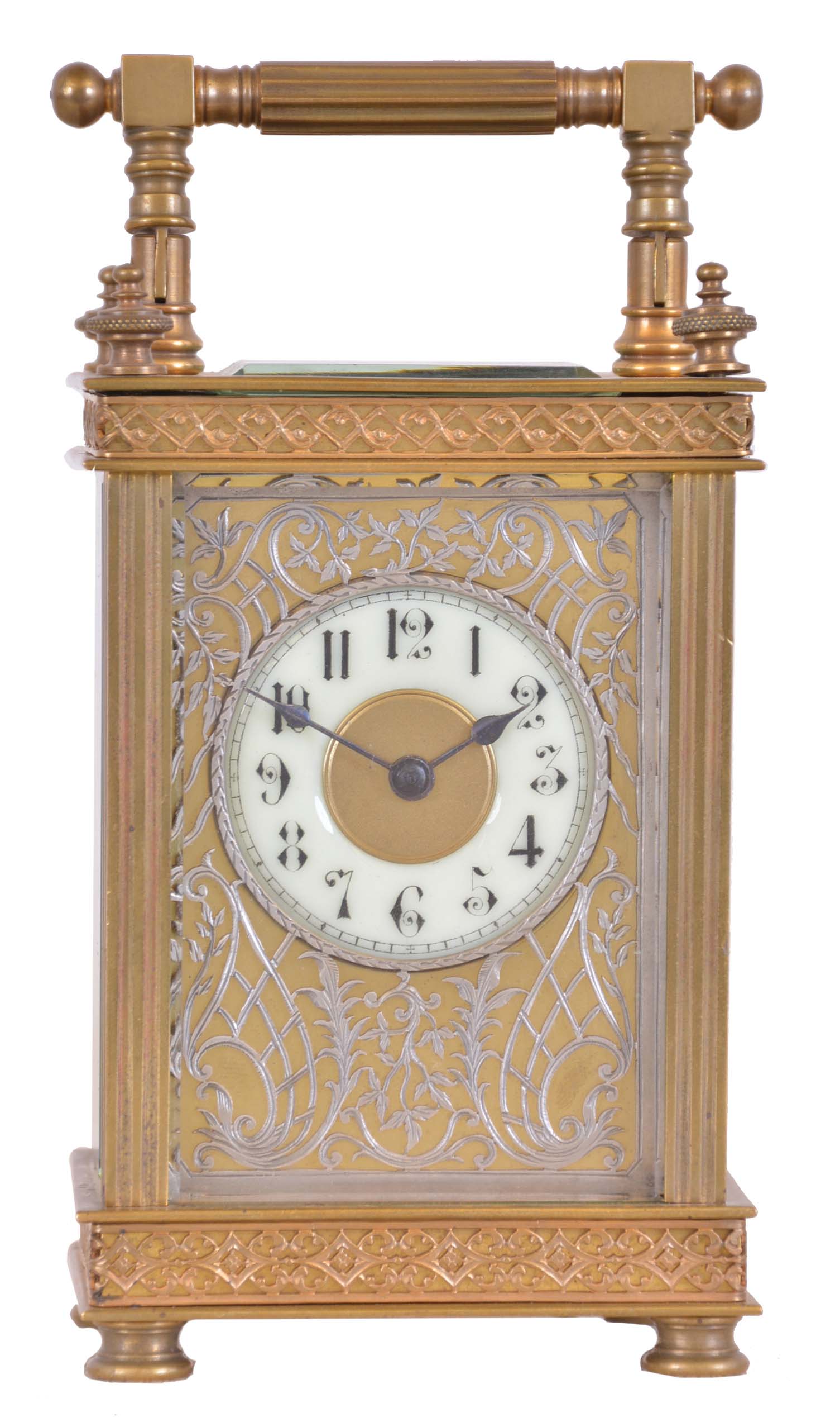 France, carriage clock, rectilinear gilt brass case, with pierced fret trimmed base and frieze, silvered, pierced and engraved dial mask, Arabic numeral white enamel dial, blued steel spade hands, 8 day timepiece movement with lever platform — Antique Clocks Price Guide