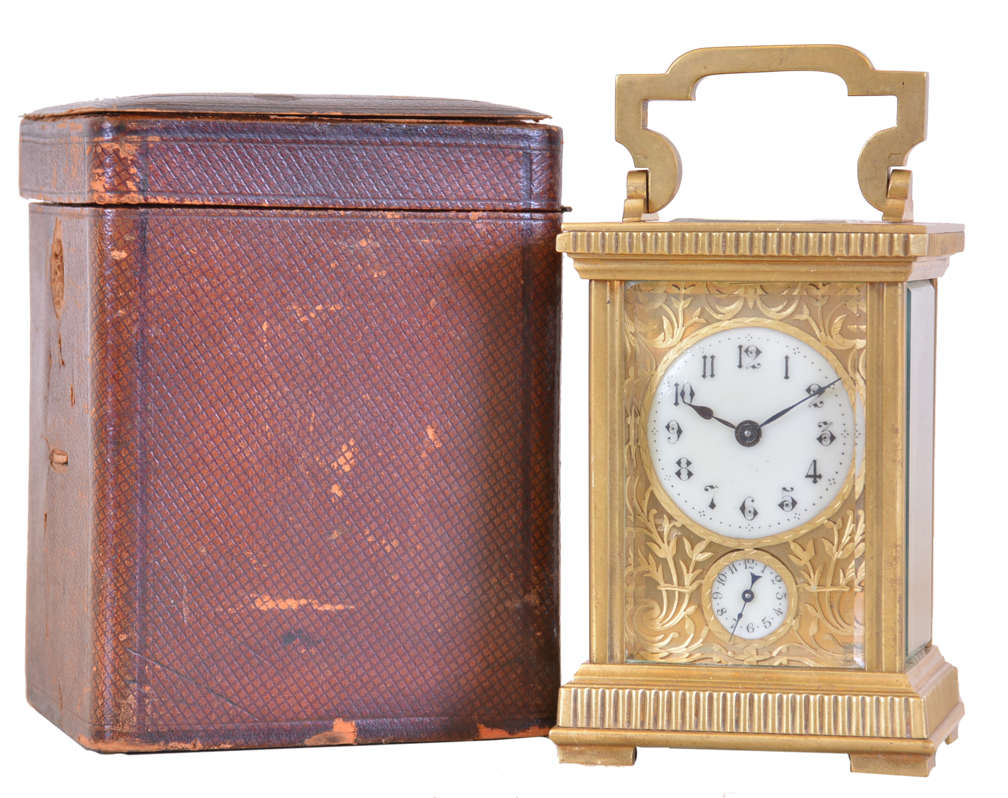 France, carriage clock, rectilinear gilt brass case, with reeded base and frieze, gilt, pierced and engraved dial mask, Arabic numeral white enamel dial, blued steel spade and poker hands, 8 day timepiece movement with alarm and cylinder platform, leather covered travel case — Antique Clocks Price Guide