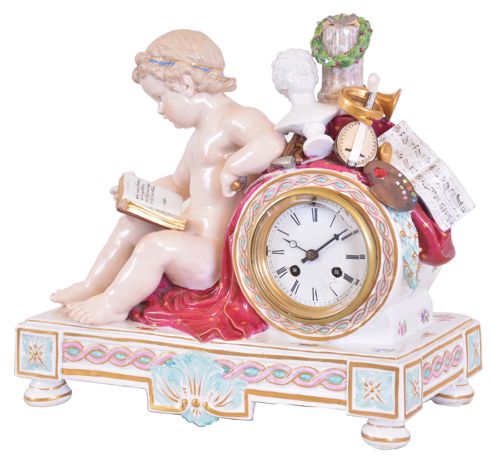 France, Figural mantel clock, Meissen porcelain case with a seated putto, bust, wreath, mandolin, palette, and other items symbolizing the arts, Roman numeral white enamel dial, blued steel hands, 8 day time and strike pendule a Paris movement with silk thread suspension, bottom of case with crossed swords mark — Antique Clocks Price Guide