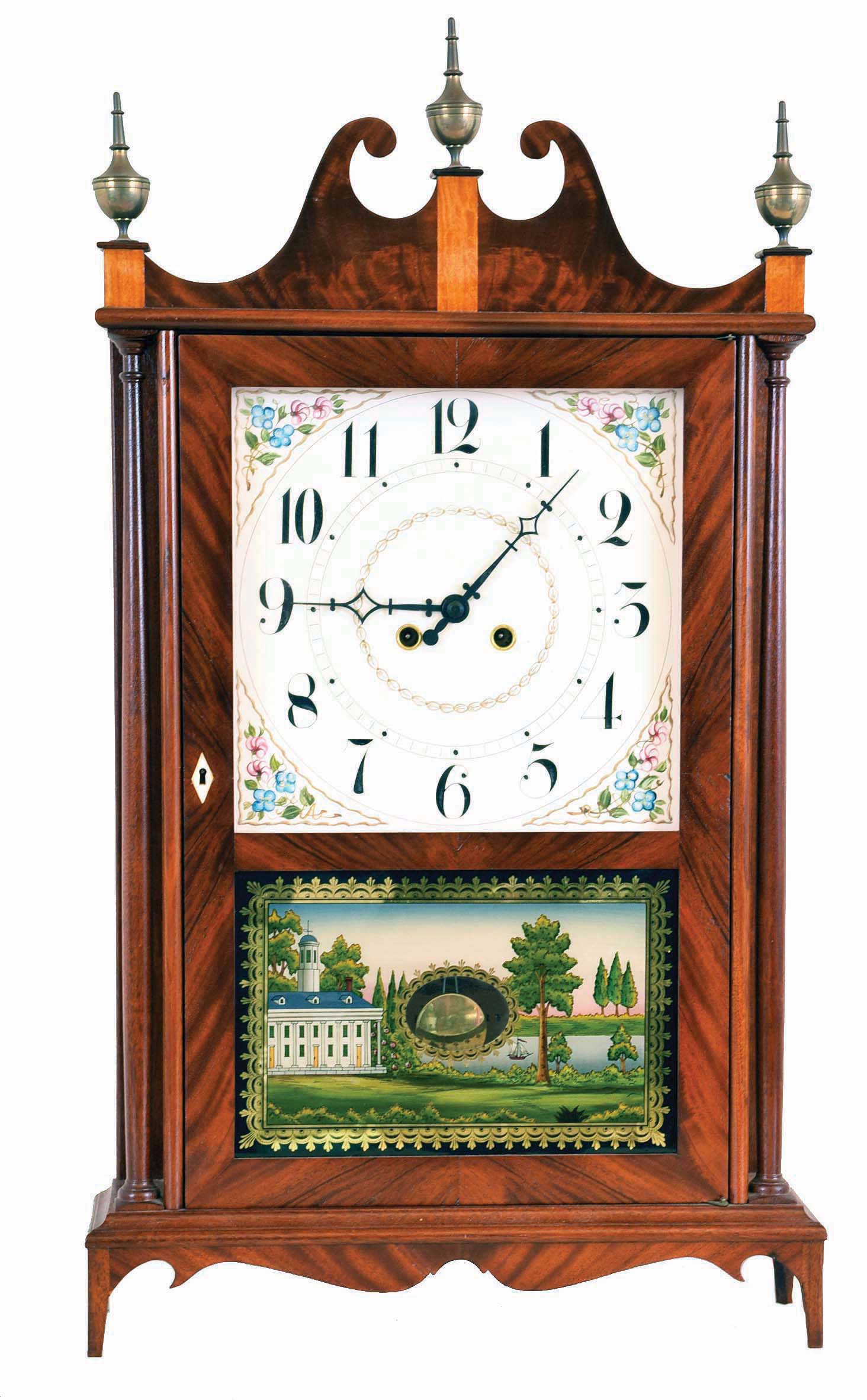 Robert B. Materne, Bristol, RI, 8 day, time and strike spring brass movement copy of an Eli Terry Pillar &amp; Scroll shelf clock. Clock is numbered 163. Mr. Materne has been making fine reproduction clocks including this model for years. He now lives in Pawtucket, RI and maintains a Web site. — Antique Clocks Price Guide