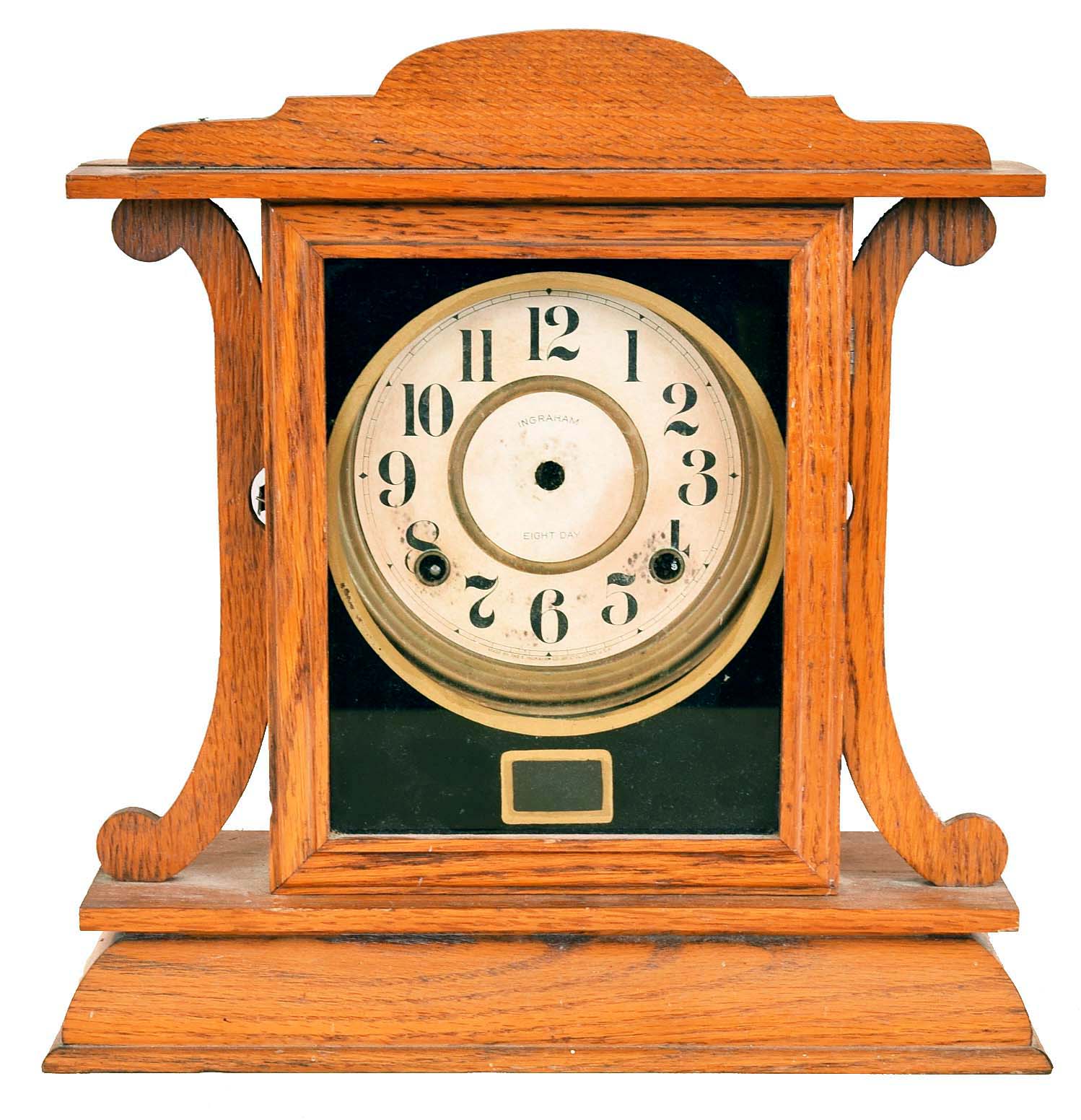 Clocks- 3 (Three): (1) William L. Gilbert Clock Co., Winsted, Conn., OG shelf clock with a 30 hour weight driven time and strike movement in a mahogany case. c1870 (2) Ingraham Clock Co., Bristol, Conn. "Kitchenette No. 1" shelf clock with an 8 day time and strike movement in an oak case, c1927. (3) New Haven Clock Co., New Haven, Conn., "Orleans" shelf clock with an 8 day spring driven time and Westminster strike movement in a mahogany case, c1923. — Antique Clocks Price Guide