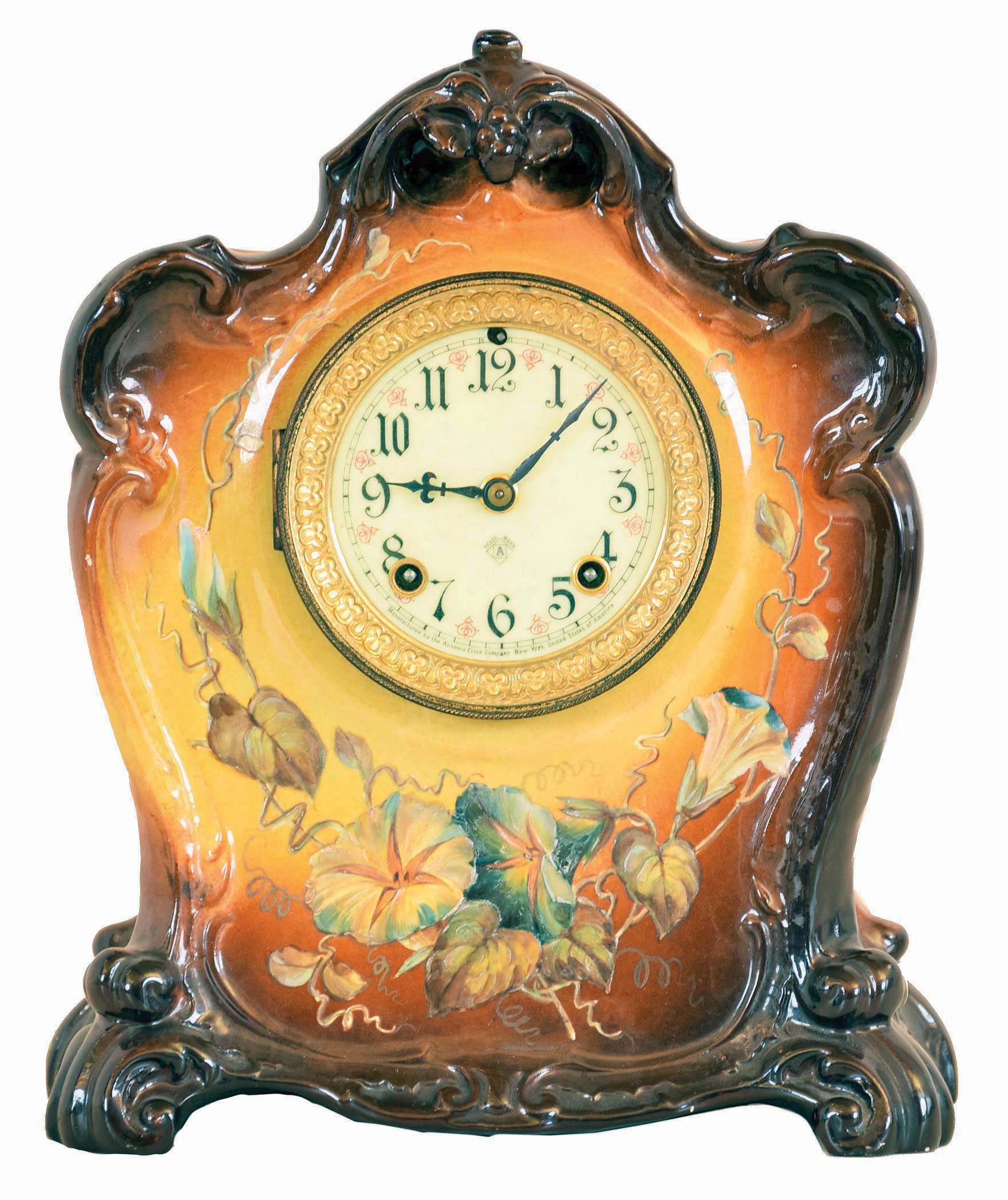 Ansonia Clock Co., New York, NY, "La Mure", 8 day, time and strike spring brass movement Royal Bonn porcelain cased mantel clock. — Antique Clocks Price Guide