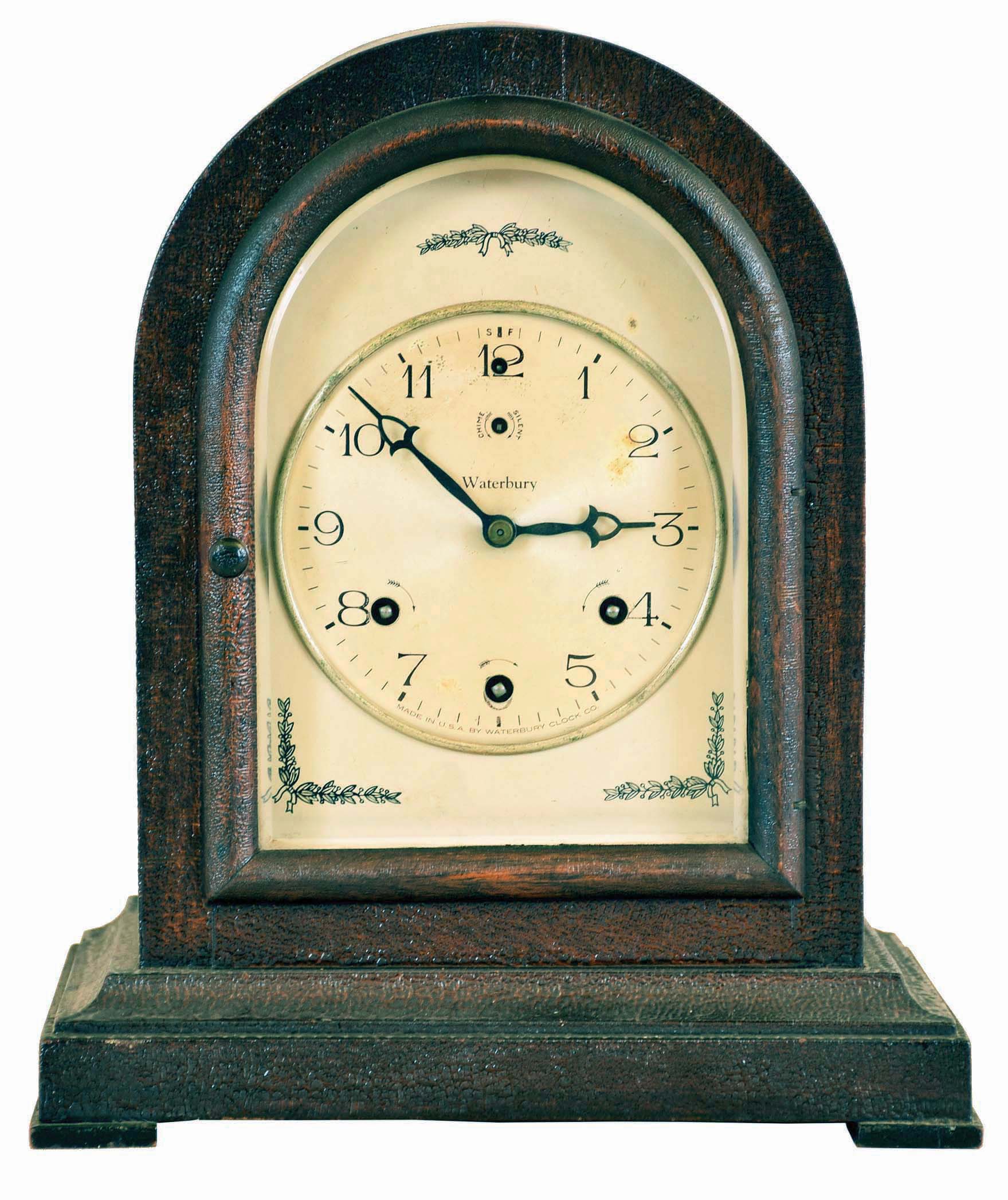 Waterbury Clock Co., Waterbury, Conn. "Mansion Mantel Chime No. 136" shelf clock with a spring driven 8 day time and full Westminster strike movement in a mahogany case. — Antique Clocks Price Guide