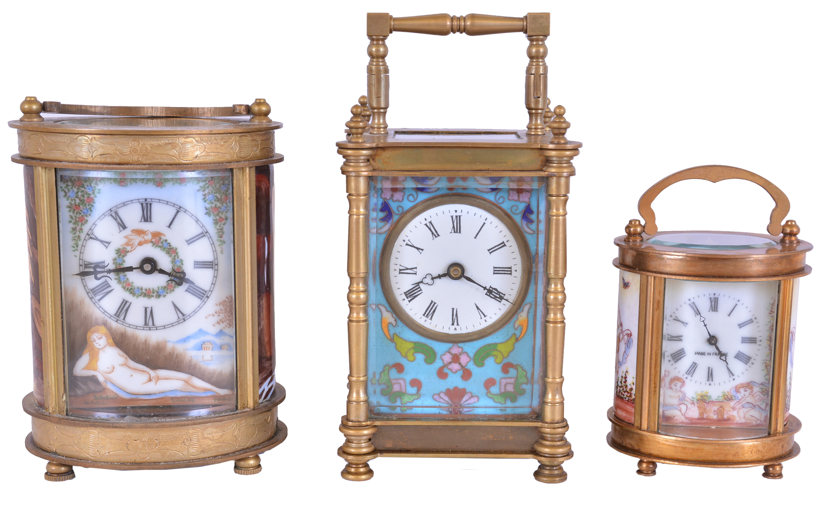 Carriage clocks- 3 (Three), made in China, all with brass cases set with enamel decorated panels, 8 day time only movements, late 20th century — Antique Clocks Price Guide
