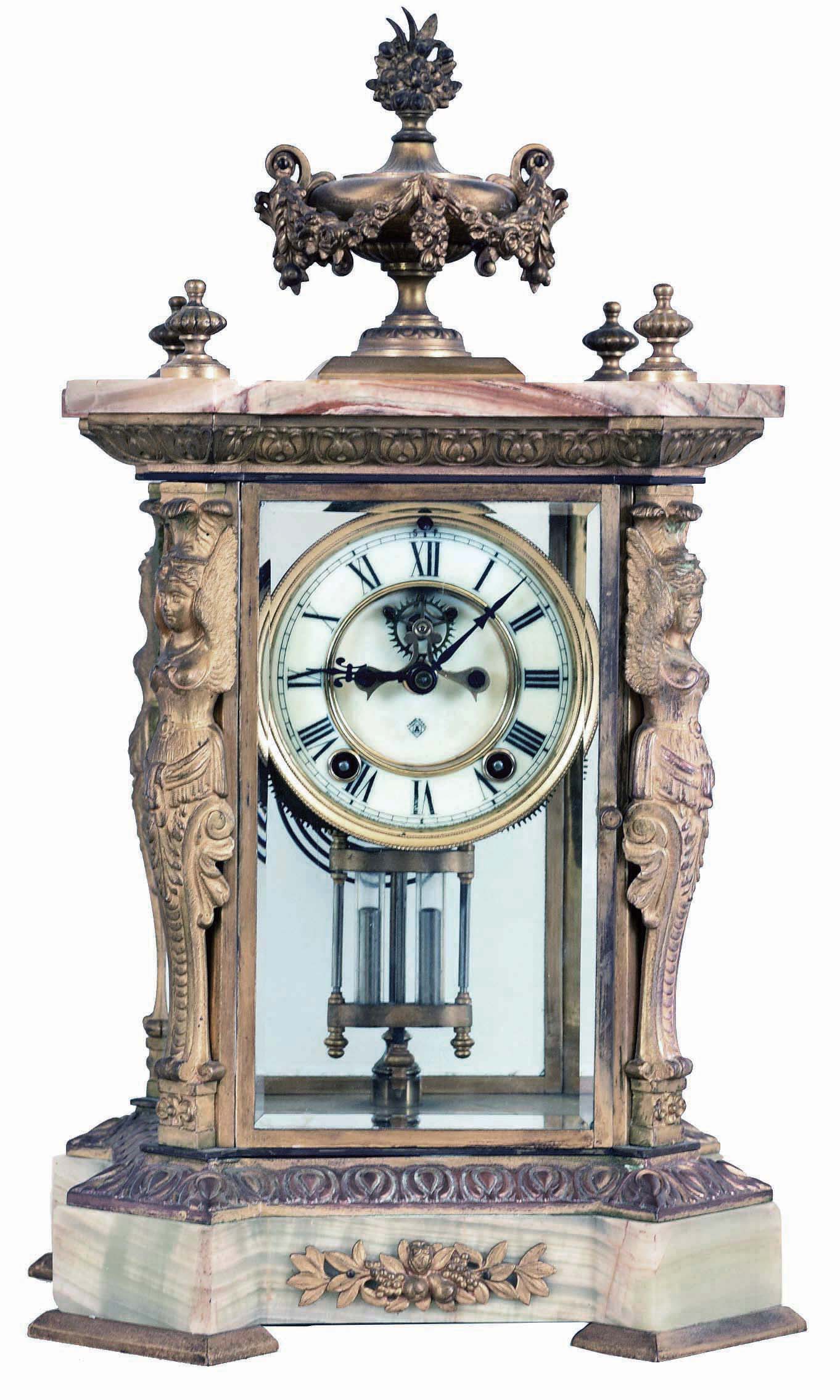 Ansonia Clock Co., New York, NY, "Sceptre", 8 day, time and strike spring brass movement Onyx and Brass crystal regulator. — Antique Clocks Price Guide