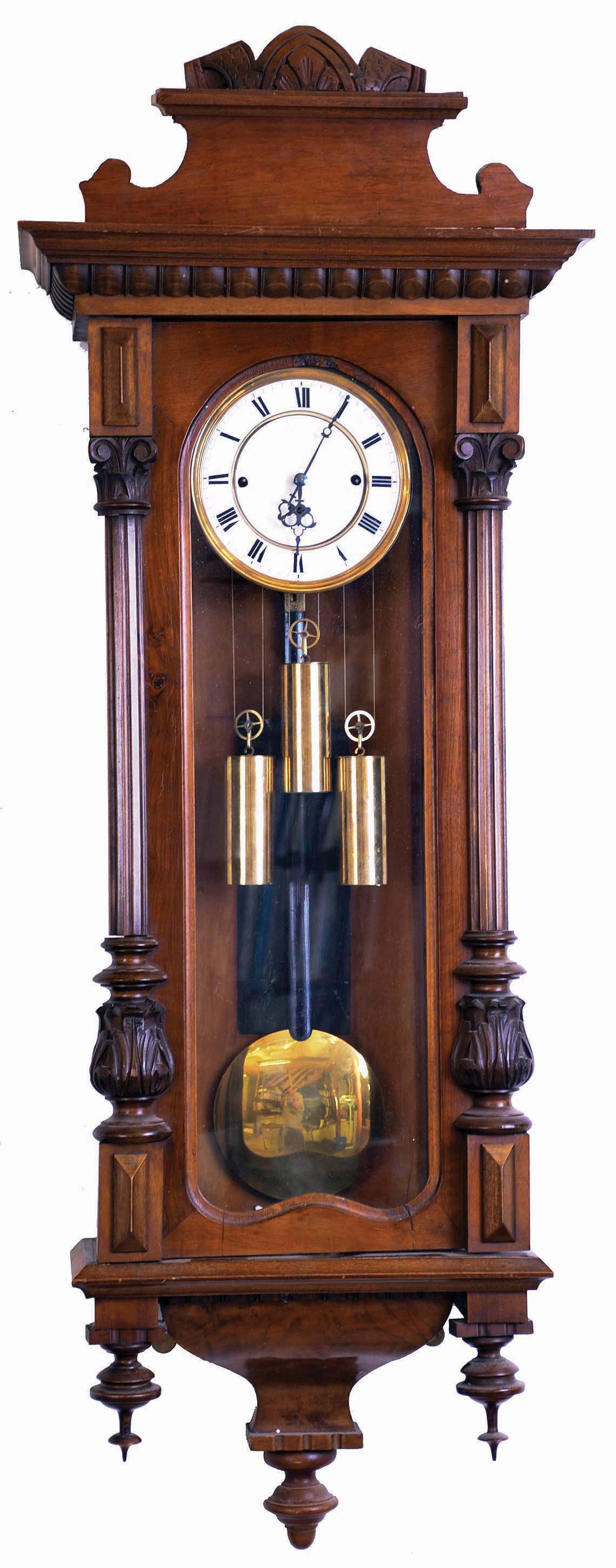 Vienna Regulator, unsigned 8 day 3 weight quarter striking walnut hanging wall clock — Antique Clocks Price Guide