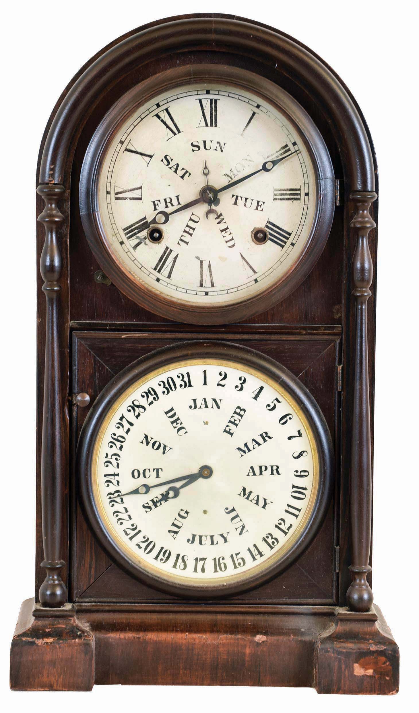 Welch, Spring, &amp; Co., Forestville, Conn., "Italian No. 3", 8 day, time and strike spring brass movement double dial calendar shelf clock with B. B. Lewis patent calendar. — Antique Clocks Price Guide
