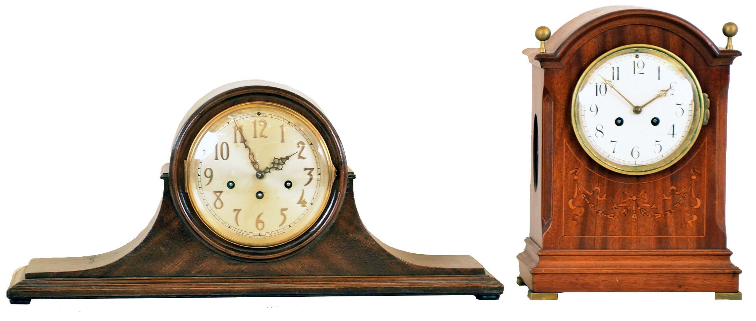 Clocks- 2 (Two): (1) Seth Thomas Clock Co., Thomaston, Conn., "Chime Clock No. 75", 8 day, time, strike and Westminster chime on rods spring brass movement Tambour mantel clock, c1921 (2) French, for Harris &amp; Harrington (H&amp;H), 8 day, time and strike spring brass movement bracket clock, c1900 — Antique Clocks Price Guide