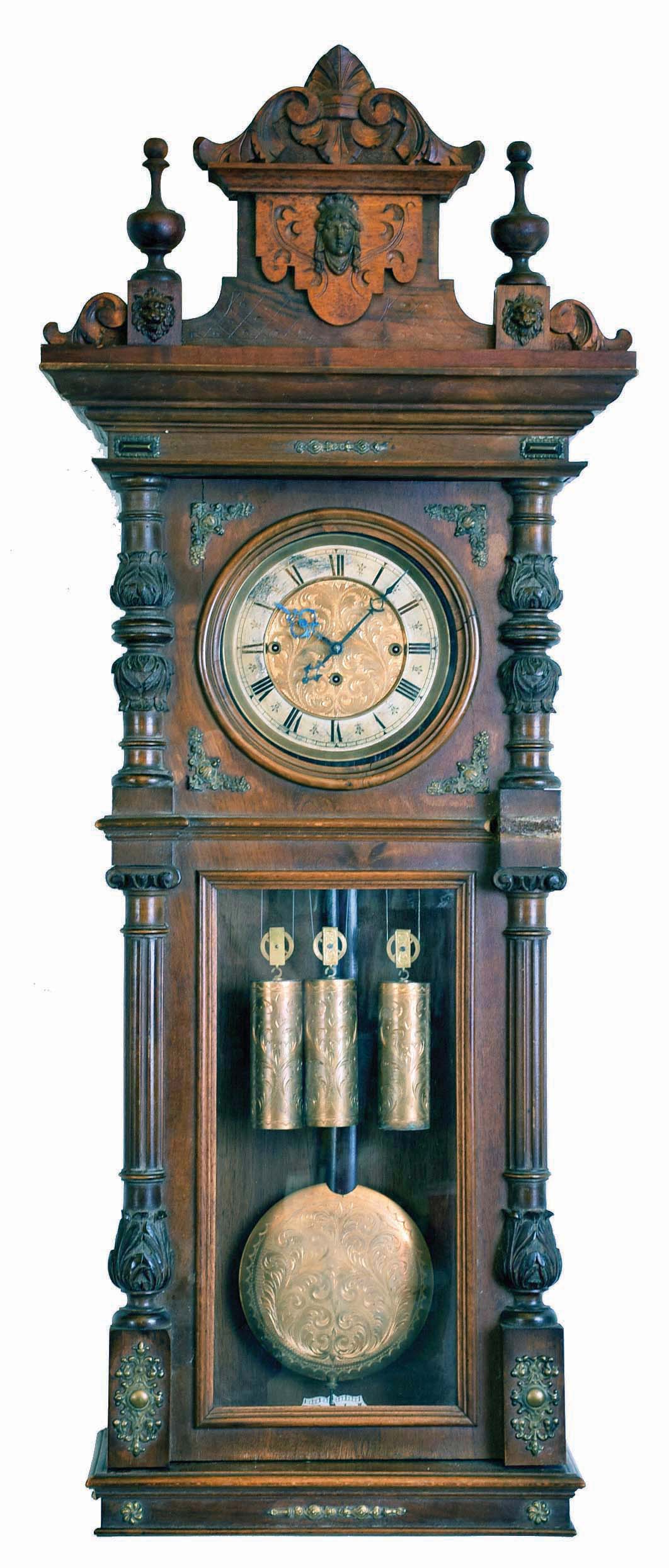 Vienna regulator hanging wall clock with inside paper label of Felix Prihoda, Wien, walnut 8 day 3 weight quarter striking trademarked movement — Antique Clocks Price Guide