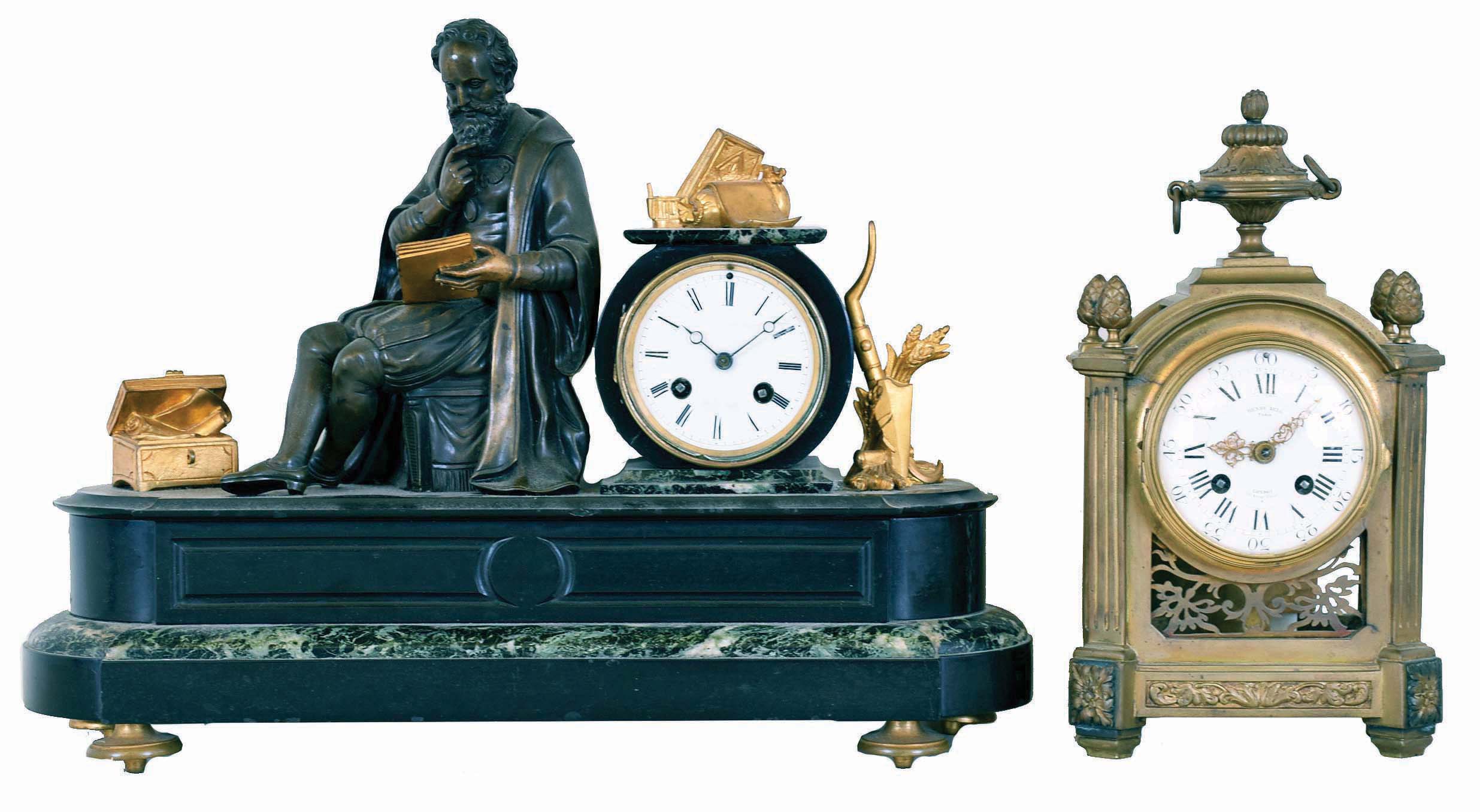 Clocks- 2 (Two) French 8 day time and strike mantel clocks: (1) marble and bronze figural of bearded gentleman reading. Japy movement with countwheel and bell striking; (2) an ornate cast brass case with bell striking movement and white enamel dial both signed Henry Bell, Paris — Antique Clocks Price Guide