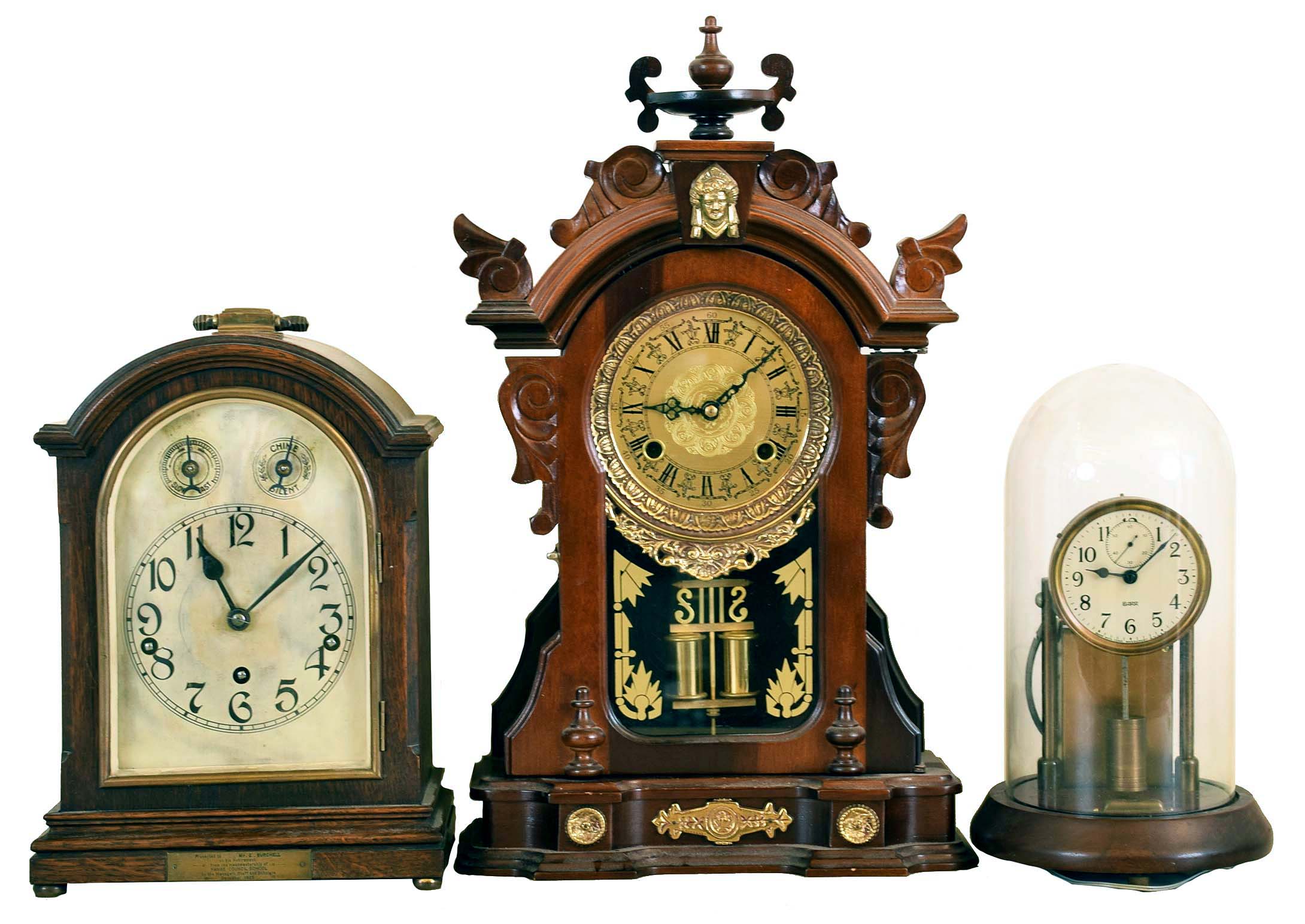 Clocks- 3 (Three): (1) Korean, 8 day, time and strike spring brass movement copy of an Ansonia "Monarch", c1980 (2) German, Mueller &amp; Co., 8 day, time, strike and Westminster chime spring brass movement bracket clock, c1925 (3) Barr Manufacturing Co. Weedsport, New York, "Executive Model", battery timepiece under dome, c1937 — Antique Clocks Price Guide