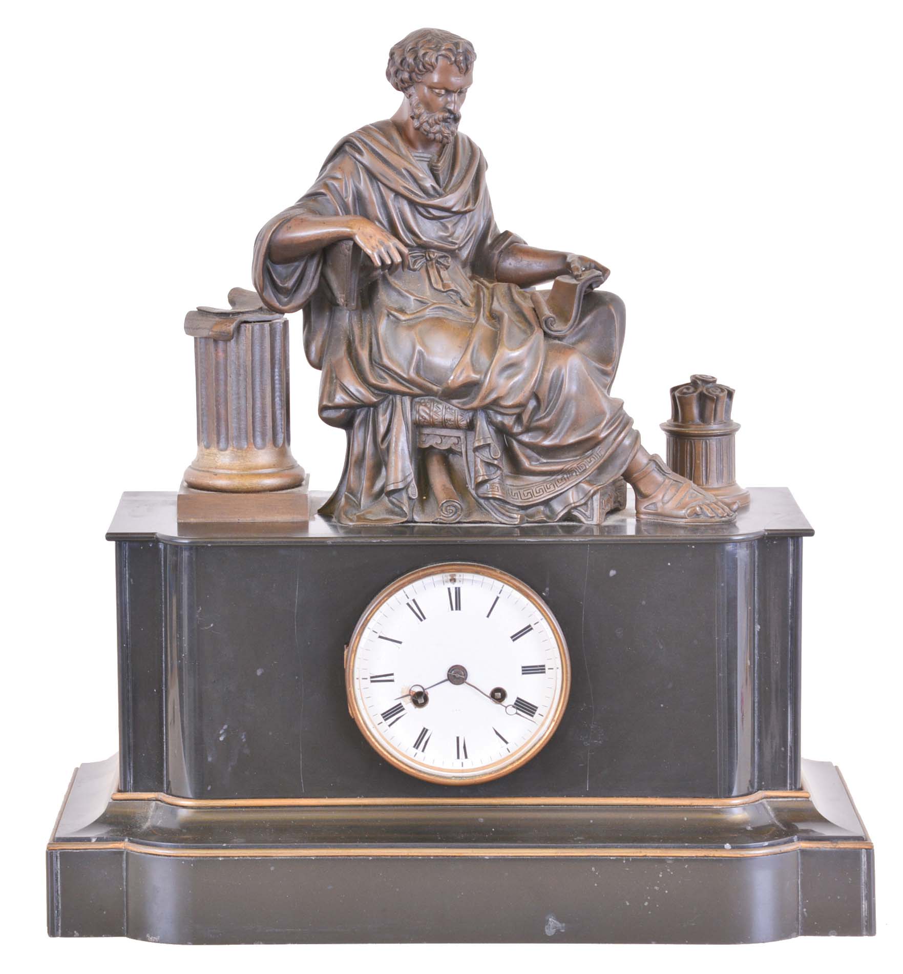 France, a black slate mantel clock, polished black case with gilt trimmed base molding, the top with bronze figure of Aristotle, seated in a klismos chair and in a contemplative pose, with attenuated column to his right, and a parcel of scrolls at his left, Roman numeral white enamel dial, blued steel Breguet style hands, and 8 day, time and strike pendule de Paris movement, marked Rollin a Paris — Antique Clocks Price Guide