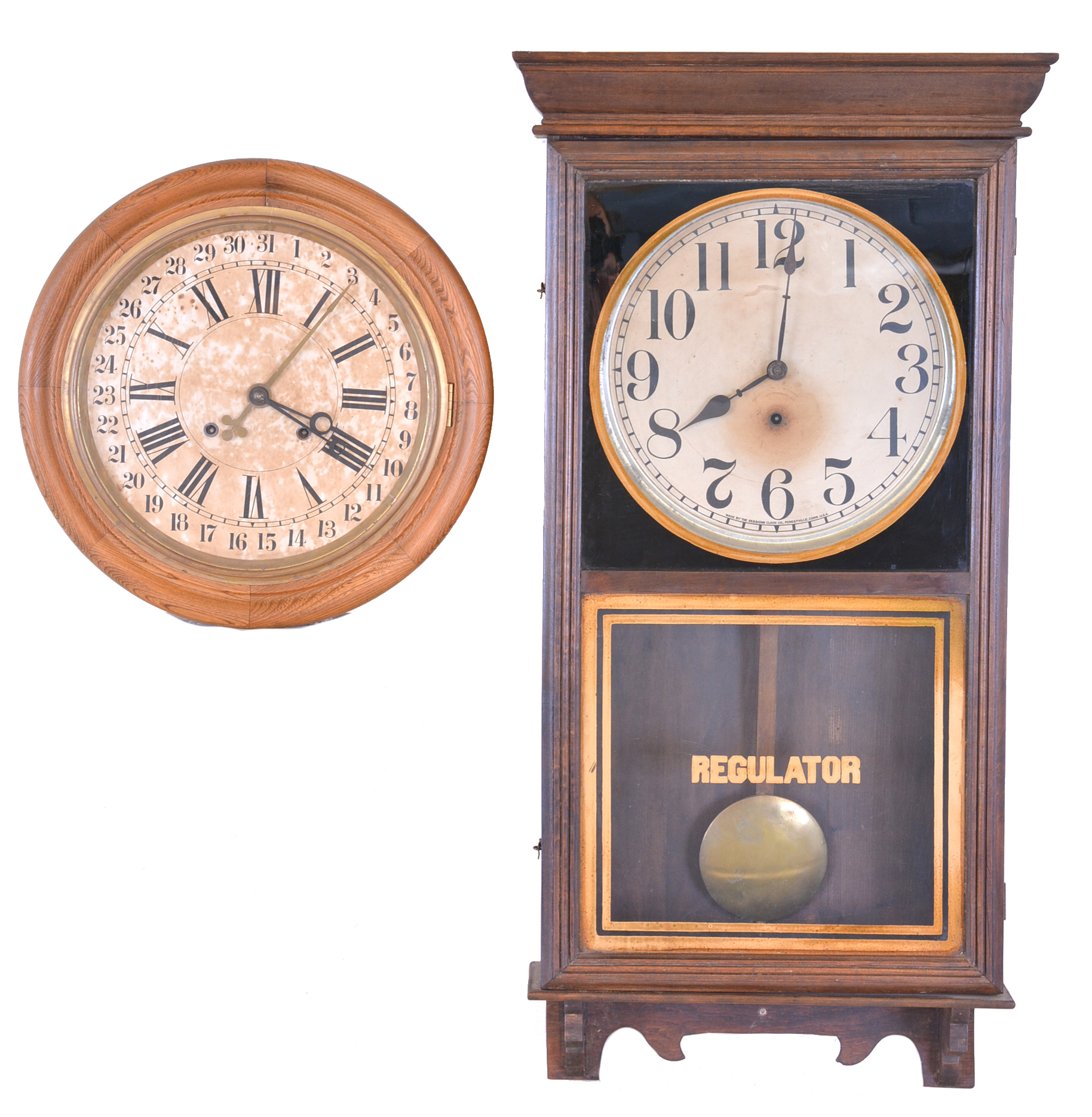 Clocks- 2 (Two): (1) Sessions Clock Co., Forestville, Conn., 8 day, time and strike spring brass movement calendar gallery clock. (2) Sessions Clock Co., Forestville, Conn., "Regulator E", 8 day, spring brass movement wall timepiece. — Antique Clocks Price Guide