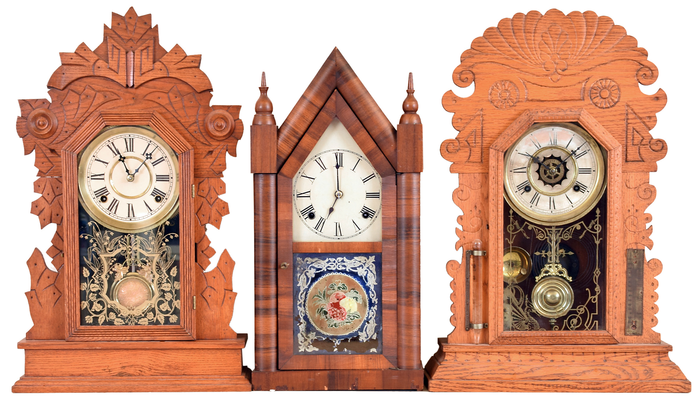 Clocks- 3 (Three): (1) New Haven Clock, New Haven, Conn., 8 day, time and strike spring brass movement Sharp Gothic or Steeple clock, c1875 (2) Waterbury Clock Co., Waterbury, Conn., 8 day, time, strike and alarm spring brass movement shelf clock. (3) William L. Gilbert Clock Co., Winsted, Conn., "Hawk", 8 day, time and strike spring brass movement shelf clock, c1891 — Antique Clocks Price Guide
