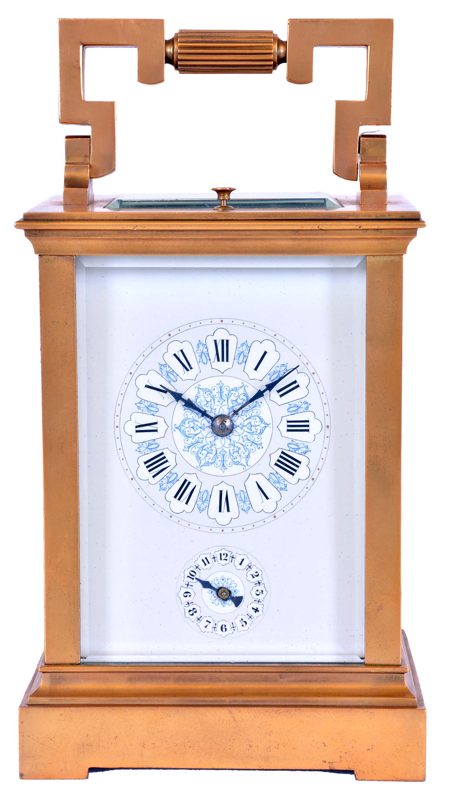 France, hour repeating carriage clock, gilt Anglaise case with bevelled glasses, Roman numeral enamel dial with faux cartouches, and Arabic alarm chapter below, blued steel distaff style hands, 8 day time, strike, and alarm movement with lever platform, repeating the hour on demand — Antique Clocks Price Guide