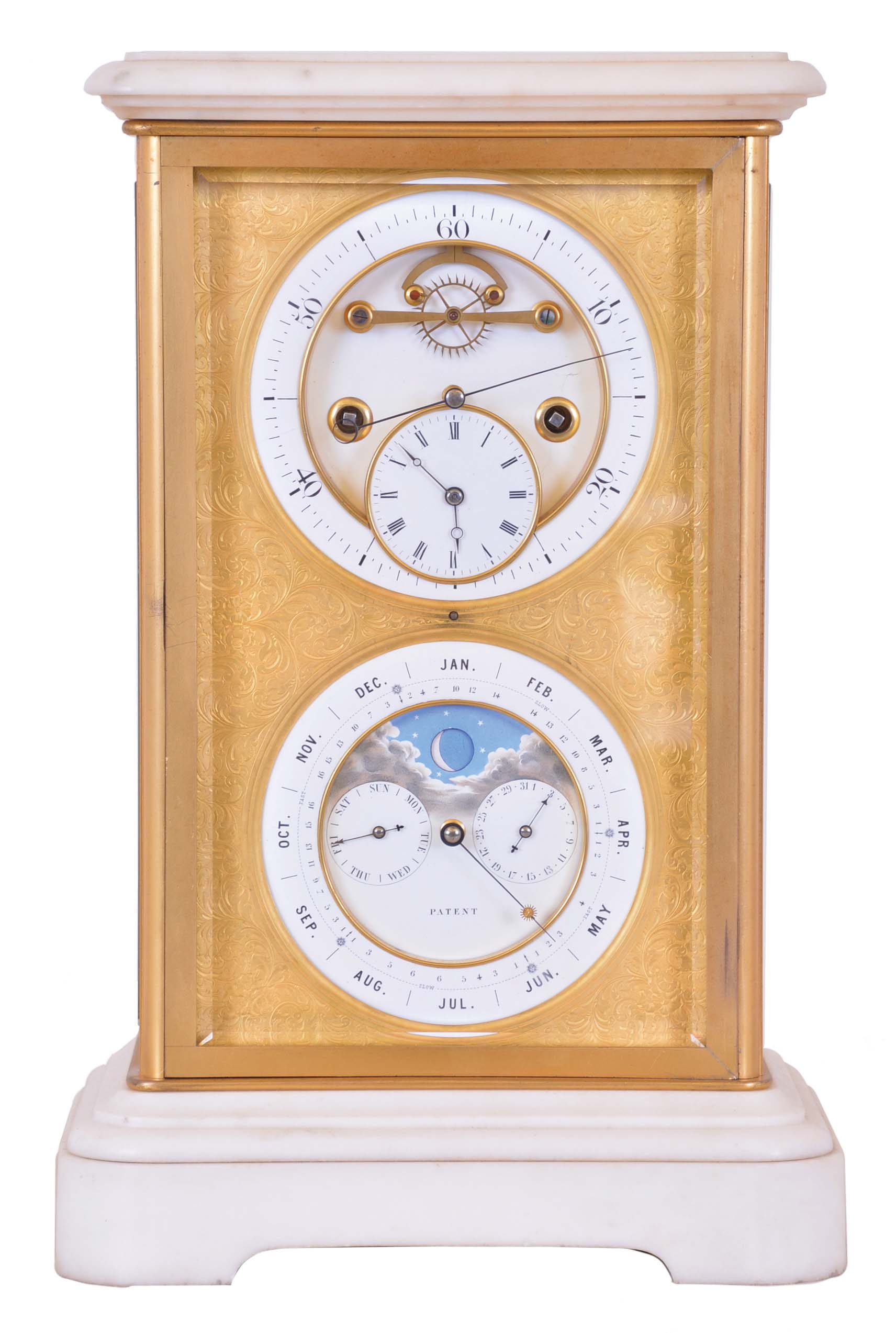 Brocot &amp; Delettrez, Paris, for J. Silvani, 13 &amp; 14 Kings Road, Brighton, mantel clock with sweep seconds and Brocots perpetual calendar, the case with four bevelled glasses set in gilt bronze frames, with white marble base and top, gilt dial mask with foliate engraving, the white enamel clock dial with Arabic seconds, open escapement, and subsidiary dial showing the hours and minutes, and lower calendar dial displaying the day, date, and month, as well as phases of the moon, 8 day time and strike movement with sweep seconds, jewelled escape wheel pivot and Ellicott pendulum, the back marked "J.B.D" — Antique Clocks Price Guide