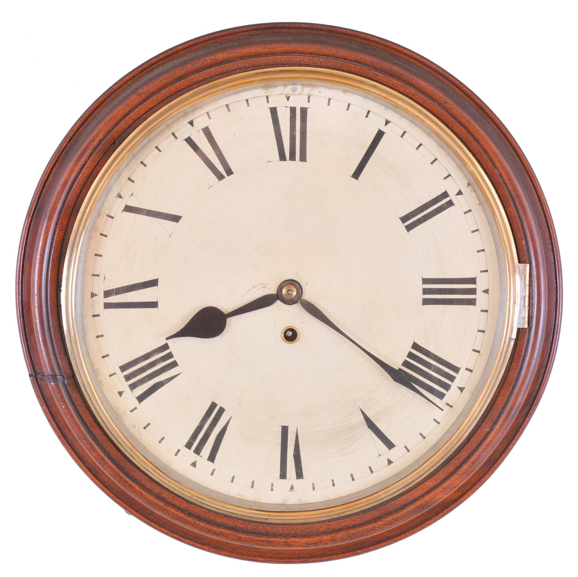 English dial clock, mahogany case with nicely turned, molded front, brass bezel, Roman numeral white enamel dial, blued steel hands, eight day fusee timepiece movement — Antique Clocks Price Guide