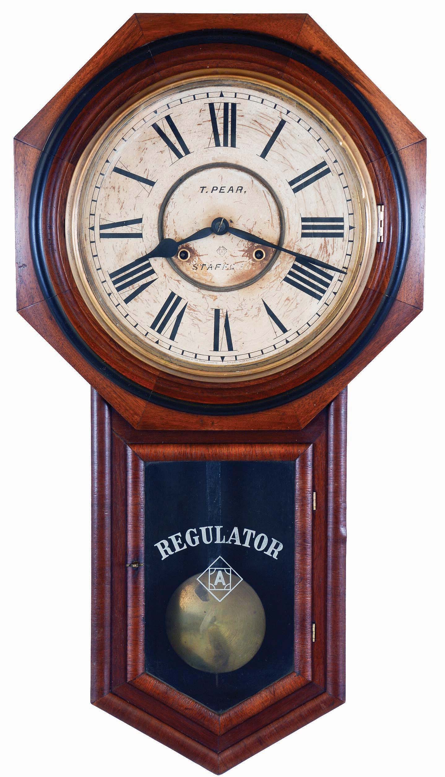 Ansonia Clock Co., New York, NY, "Regulator A", 8 day, time and strike brass movement wall clock. — Antique Clocks Price Guide