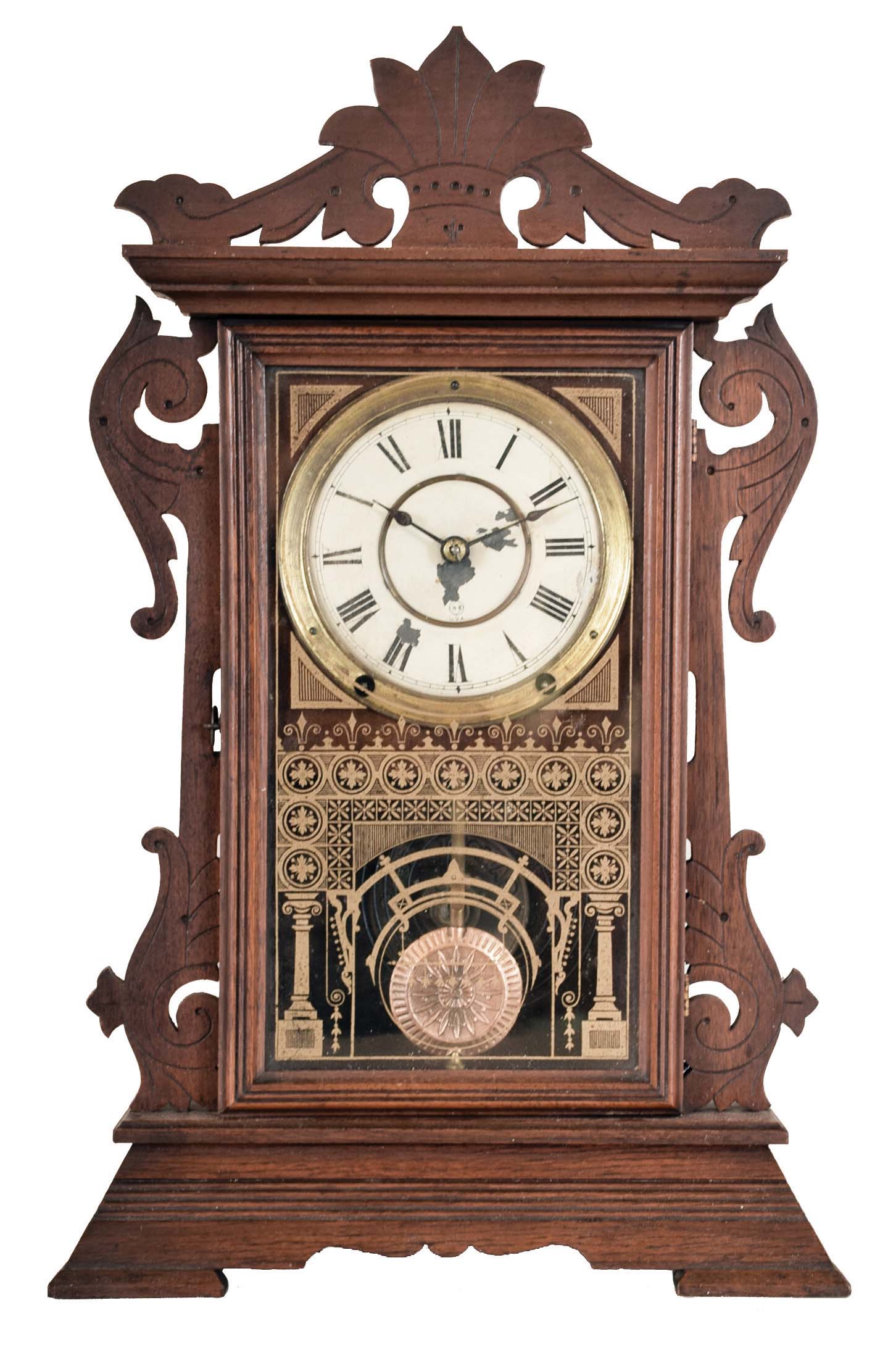 Seth Thomas Clock Co., Thomaston, Conn., "Newark" model, City Series shelf clock with an 8 day spring driven time and strike movement in a walnut case. — Antique Clocks Price Guide