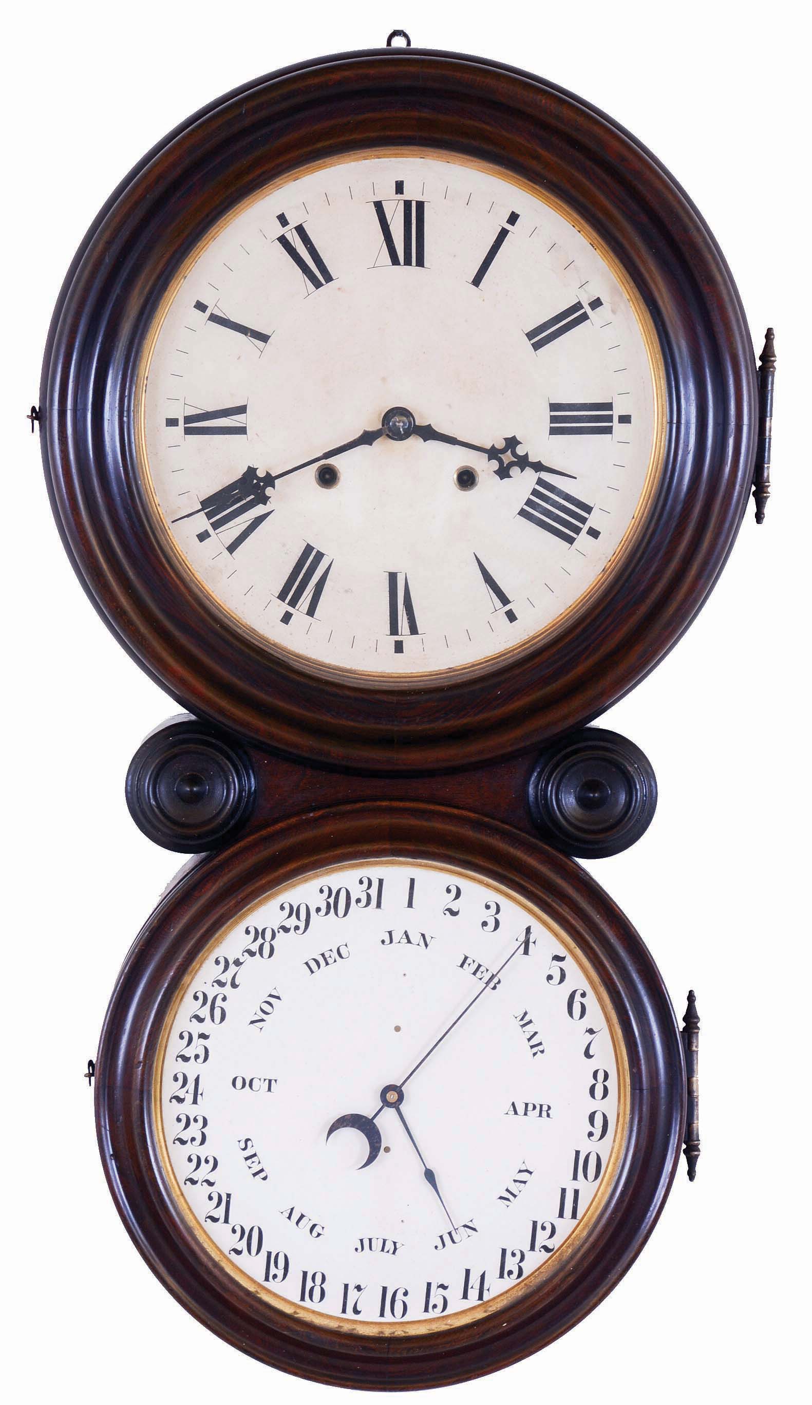 E. Ingraham &amp; Co., Bristol, Conn., "Ionic", 8 day, time and strike spring brass movement double dial wall clock with B. B. Lewis patent calendar. — Antique Clocks Price Guide