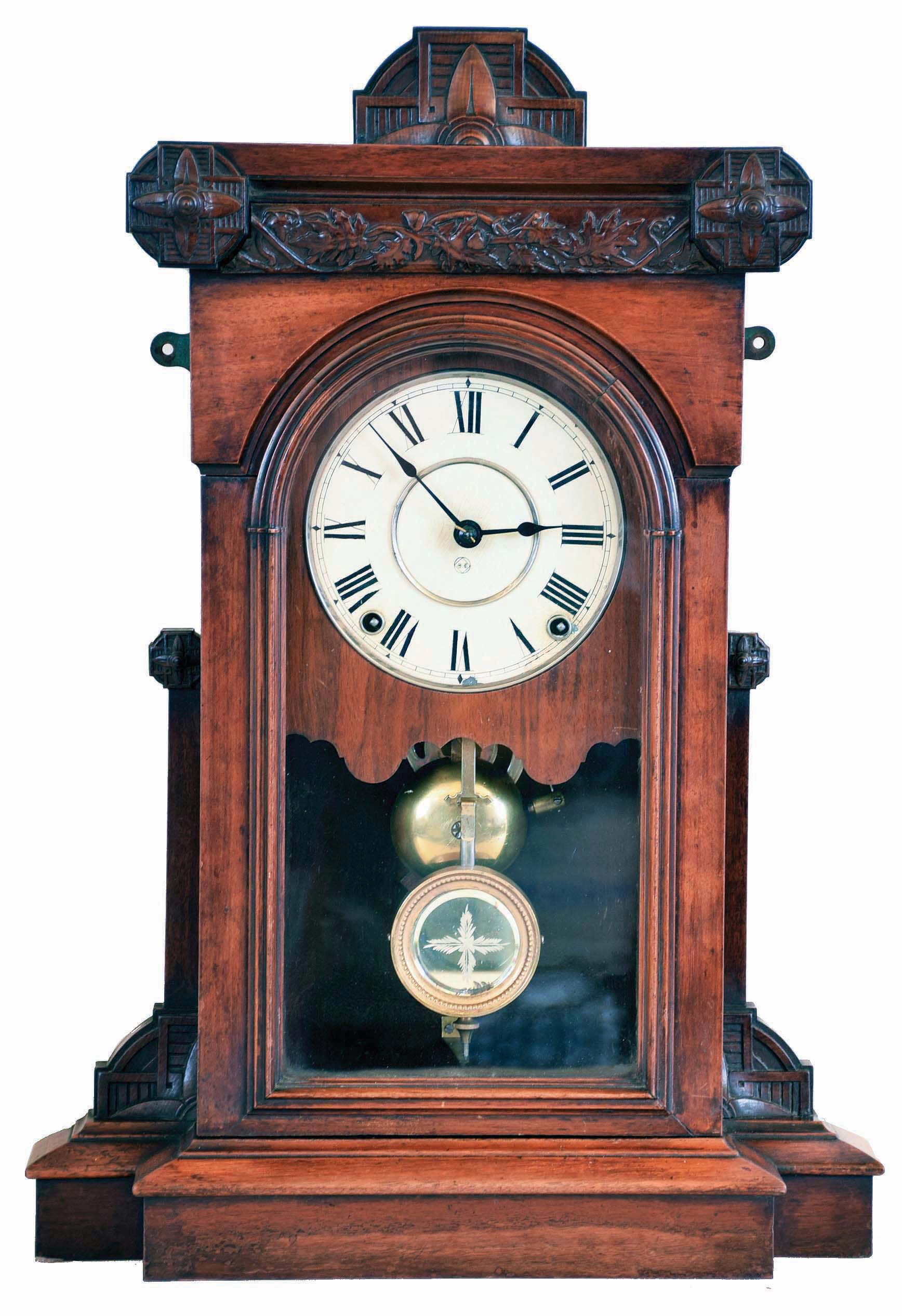 Seth Thomas Clock Co., Thomaston, Conn., "Pittsburgh" City Series shelf clock with an 8 day spring driven time &amp; strike lyre movement in a walnut case. — Antique Clocks Price Guide