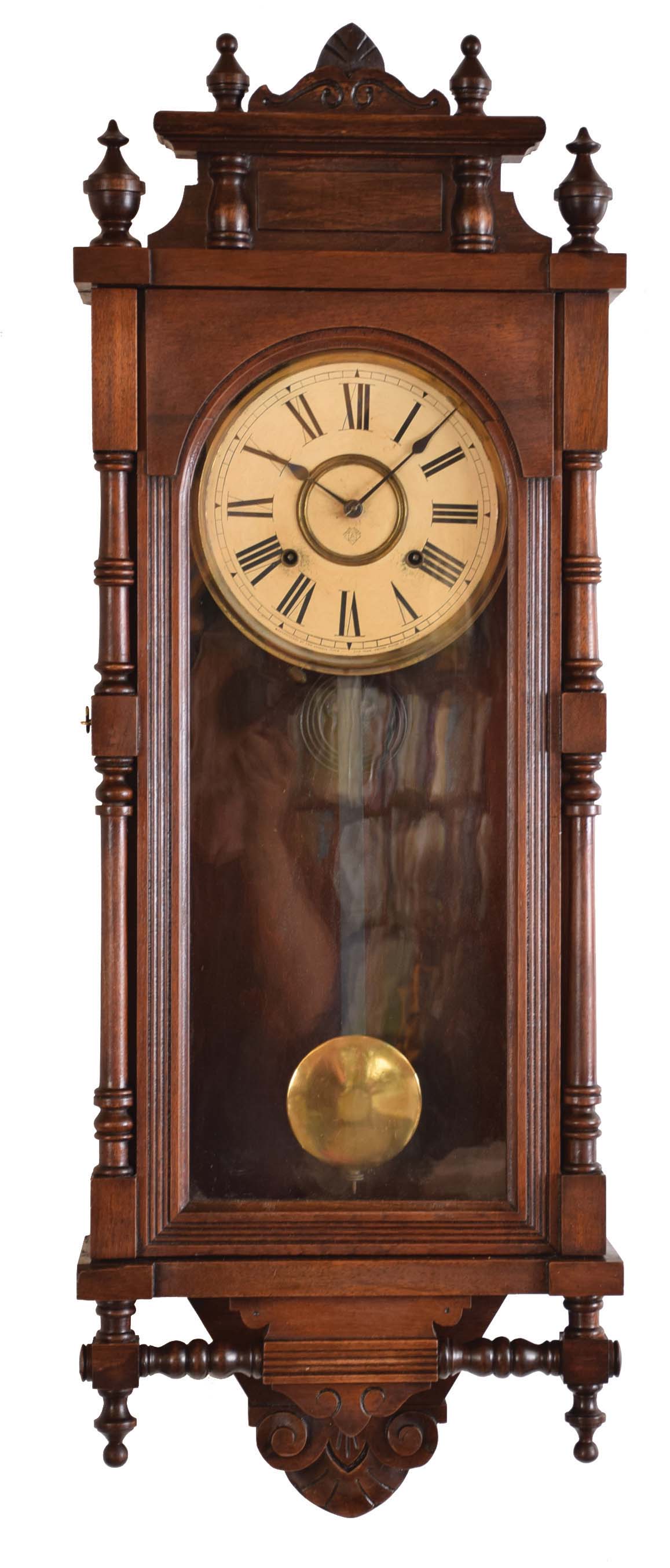 Ansonia Clock Co., New York, NY, "Queen Elizabeth", 8 day, time and strike spring brass movement wall clock. — Antique Clocks Price Guide