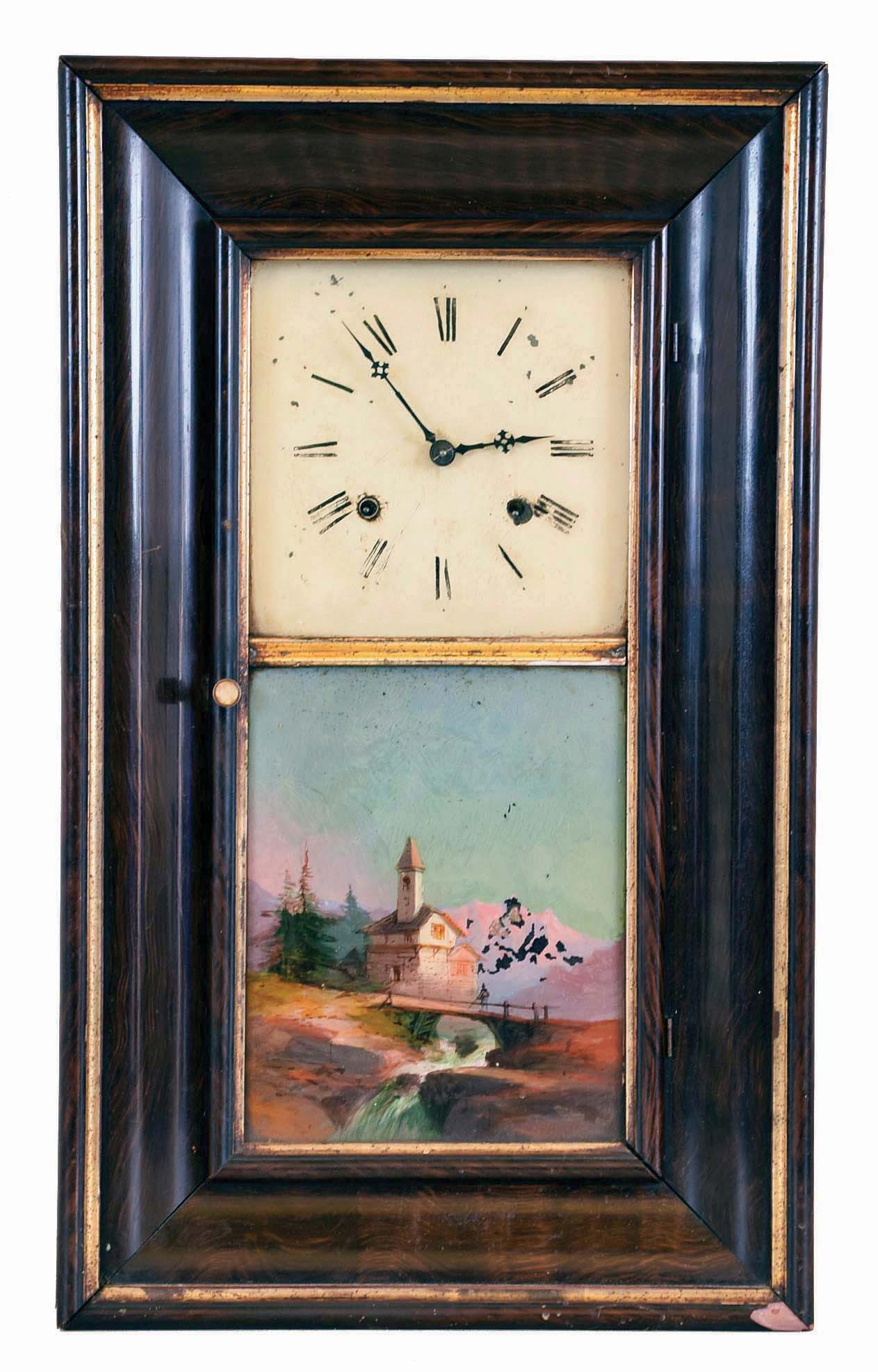 German, 8 day, time and strike spring brass movement OG shelf clock. This is a German made copy of an American OG shelf clock. — Antique Clocks Price Guide