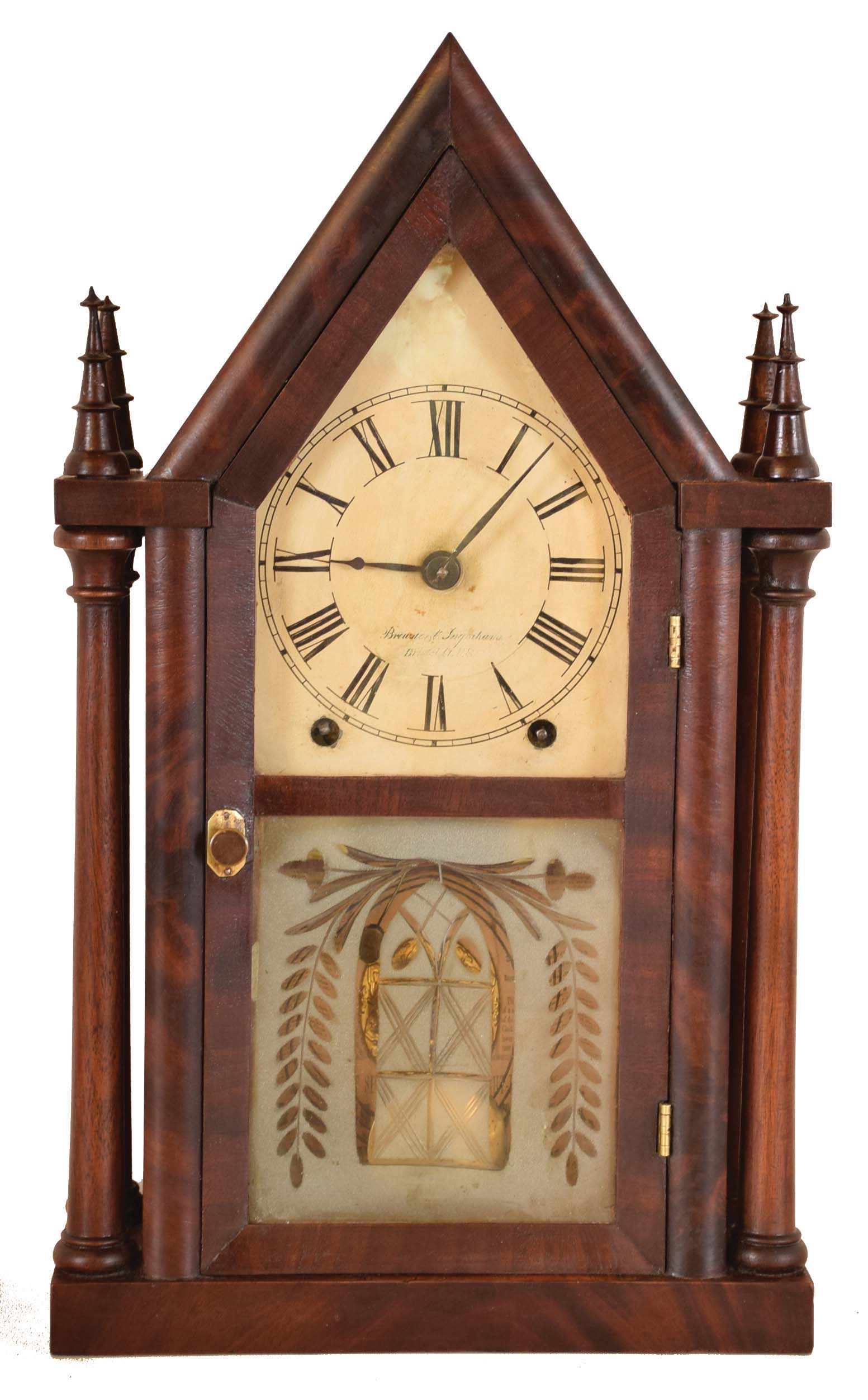 Brewster &amp; Ingrahams, Bristol, Conn., 8 day, time and strike spring brass movement 4- column sharp gothic or steeple clock. — Antique Clocks Price Guide