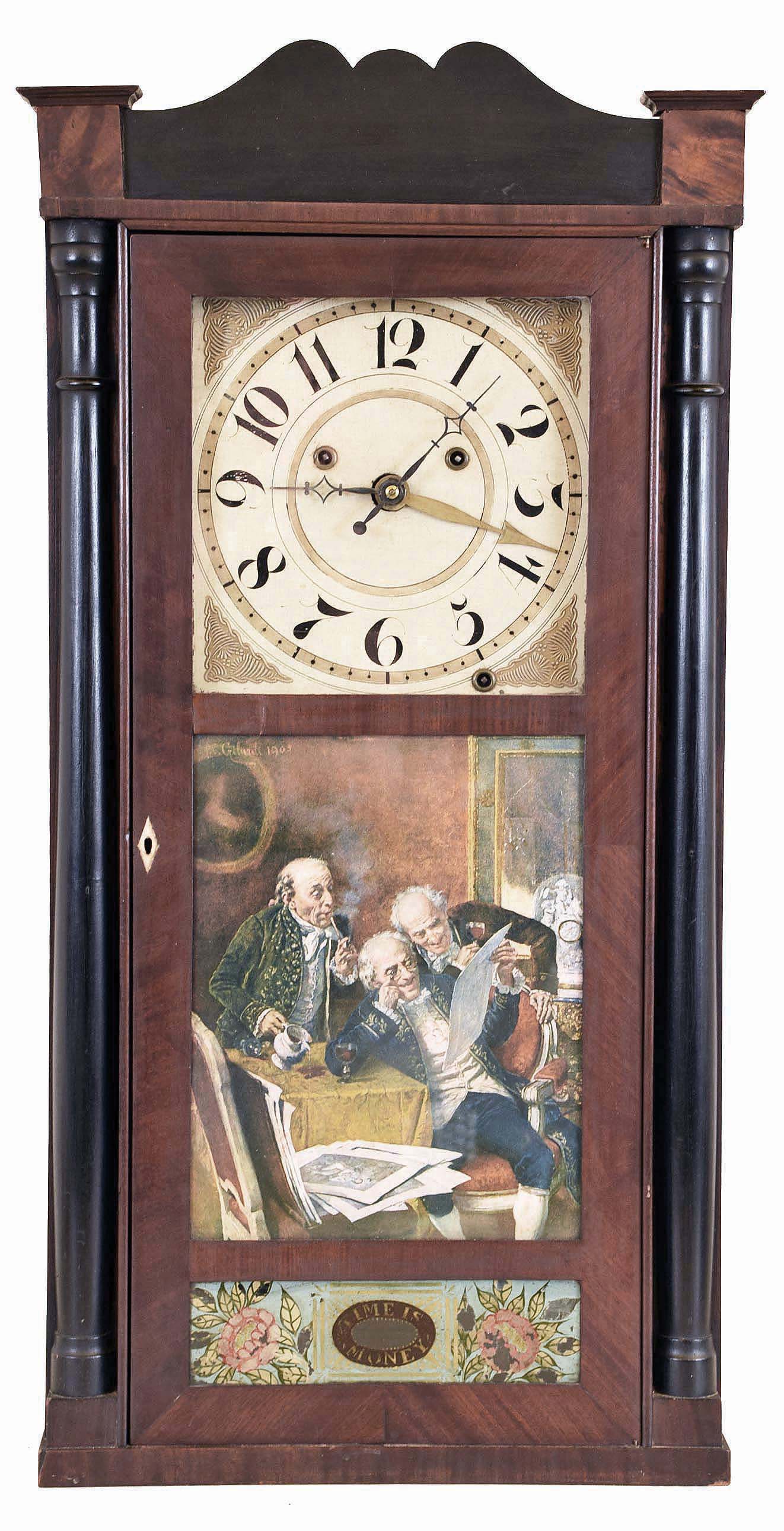 Silas Hoadley, Plymouth, Conn., Tall mahogany veneered case shelf clock with stenciled columns and splat. 30 hour weight driven time, strike and alarm "upside down" wood works movement with "Franklin Clocks" label. — Antique Clocks Price Guide