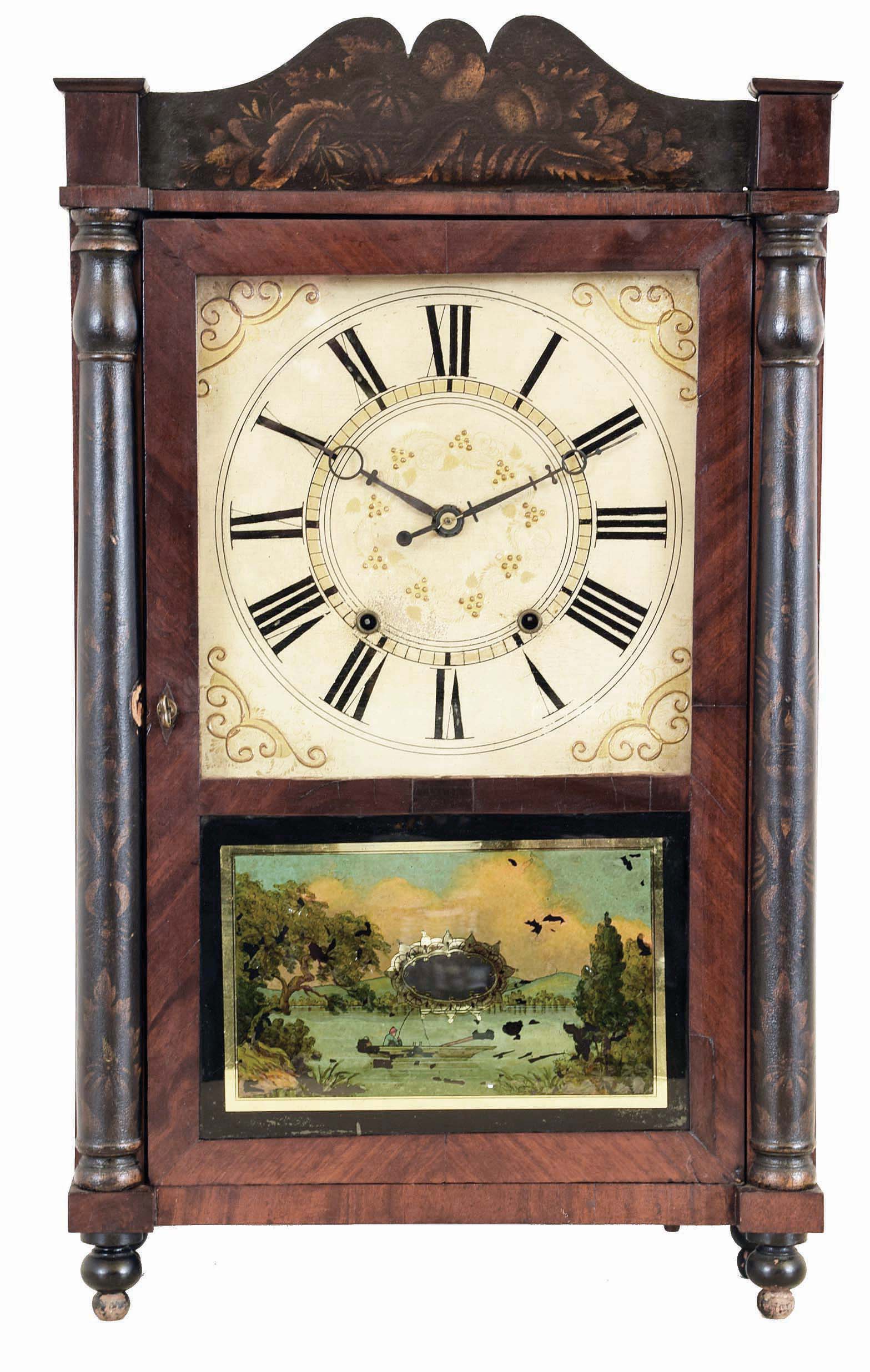 Samuel Terry, Bristol. Conn., Mahogany veneered short style shelf clock with stenciled half column and splat and turned feet. Weight driven 30 hour time and strike wood works movement. — Antique Clocks Price Guide