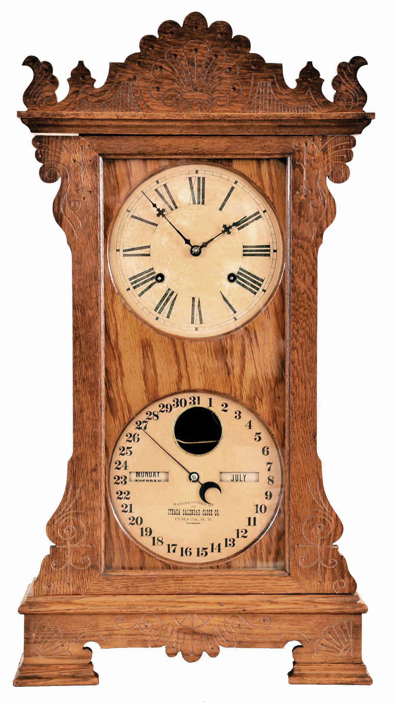 Ithaca Calendar Clock Co., Ithaca, NY, "Mantel Index" shelf clock with 8 day spring driven time and half hour strike movement with a perpetual calendar clock mechanism in an oak case. — Antique Clocks Price Guide