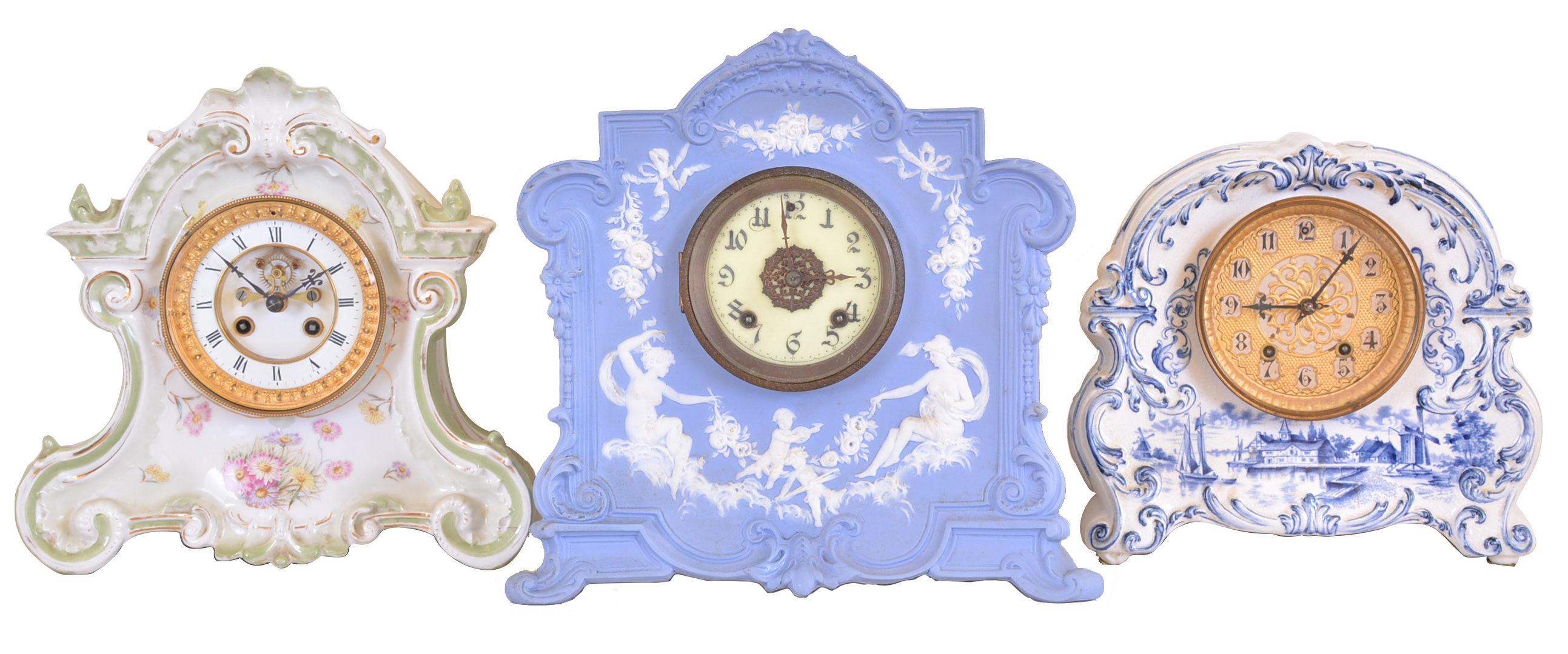 Clocks- 3 (Three): (1) French, Marti &amp; Cie, 8 day, time and strike spring brass movement porcelain mantel clock, c1900 (2) New Haven Clock Co., New Haven, Conn., 8 day, time and strike spring brass movement porcelain mantel clock, c1900 (3) Waterbury Clock Co., Waterbury, Conn., 8 day, time and strike spring brass movement porcelain mantel clock, c1900 — Antique Clocks Price Guide
