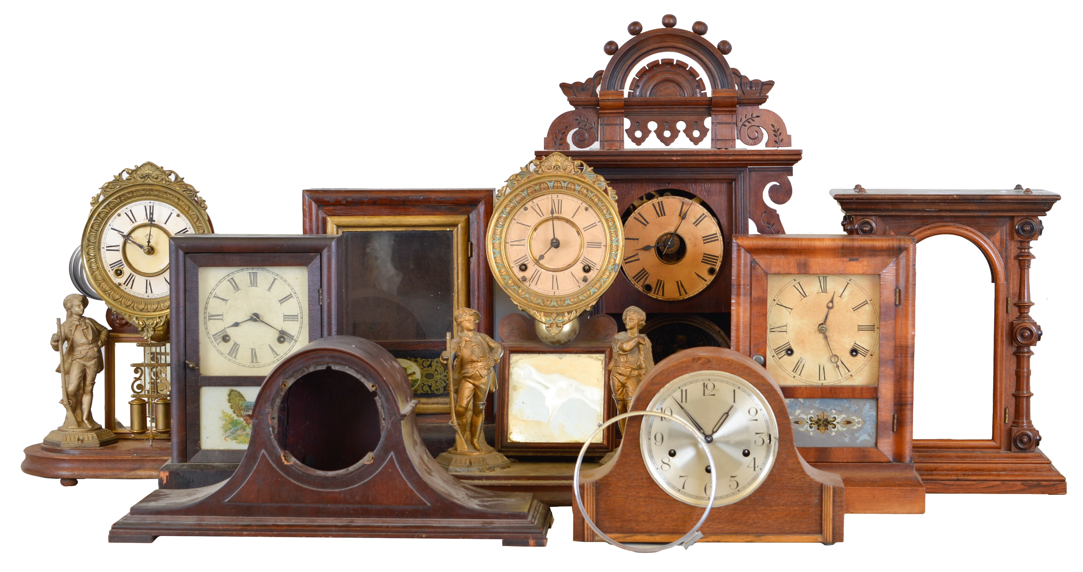 Clocks- 9 (Nine): (1) Seth Thomas Clock Co., Thomaston, Conn., Cottage clock case, c1890 (2) Seth Thomas Clock Co. Thomaston, Conn., "Eclipse", 8 day, time and strike spring brass movement shelf clock, c1900 (3) Ansonia Clock Co. New York, NY, "Crystal Palace No. 1 Extra", 8 day, time and strike spring brass movement shelf clock, c1880 (4) Welch, Spring &amp; Co., Forestville, Conn., "Gerster V.P." case, c1880 (5) Germany, Haller AG, 8 day, time and strike spring brass movement tambour mantel clock, c1970 (6) Empty tambour case, c1900 (7) Ansonia Clock Co., New York, NY, 8 day, time and strike spring brass movement cottage clock, c1890 (8) E. N. Welch Mfg. Co., Forestville, Conn., "Cottage Extra", 8 day, time and strike spring brass movement cottage clock, c1880 (9) Ansonia Clock Co., New York, NY, "Crystal Palace No. 1 Extra", 8 day, time and strike spring brass movement shelf clock, c1880 — Antique Clocks Price Guide