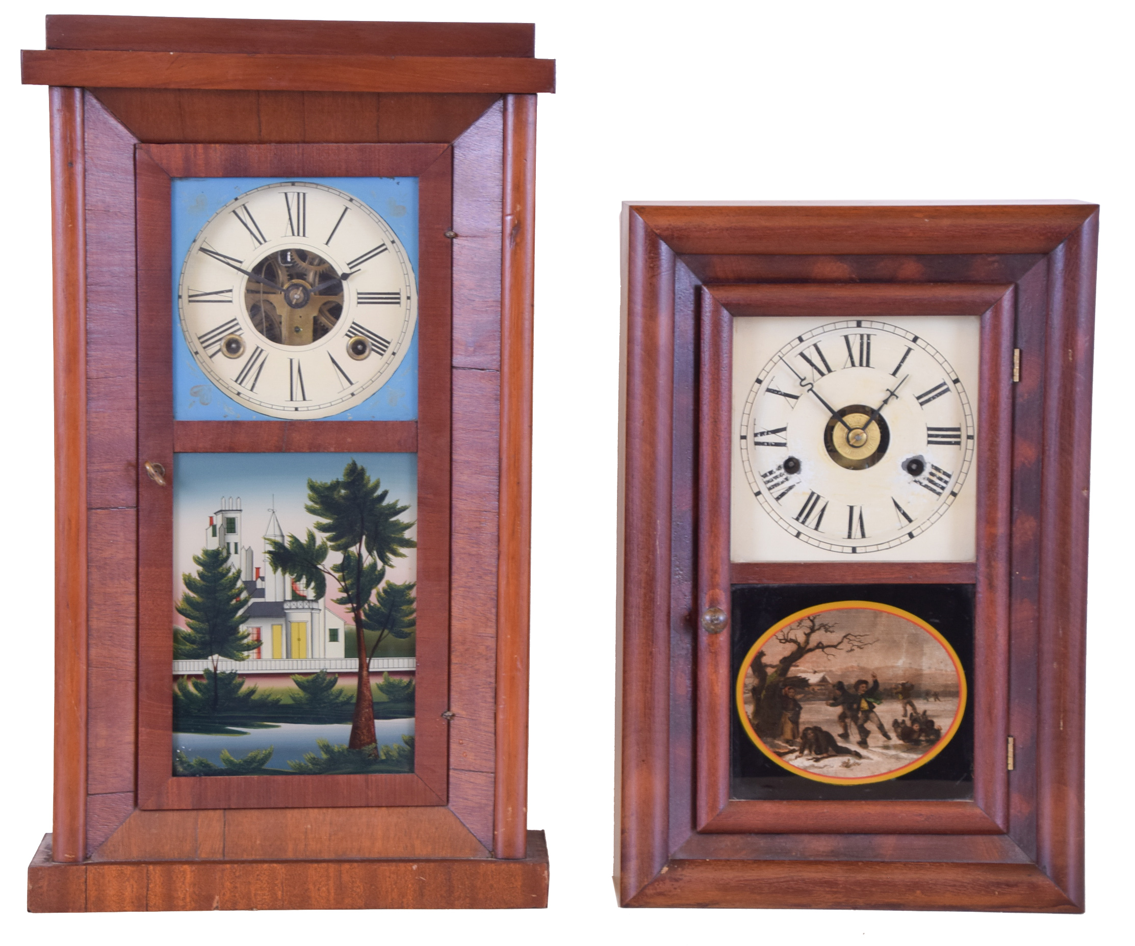 Clocks- 2 (Two): (1) Seth Thomas Clock Co., Thomaston, Conn., "Round Band" shelf clock with a spring driven 30 hour time and strike movement in a mahogany veneered case, c1885. (2) D. Baldwin, 195 Chatham St., New York, Mahogany veneered Empire shelf clock with a 30 hour spring driven time &amp; strike Chauncey Boardman fusee movement, c1847, — Antique Clocks Price Guide